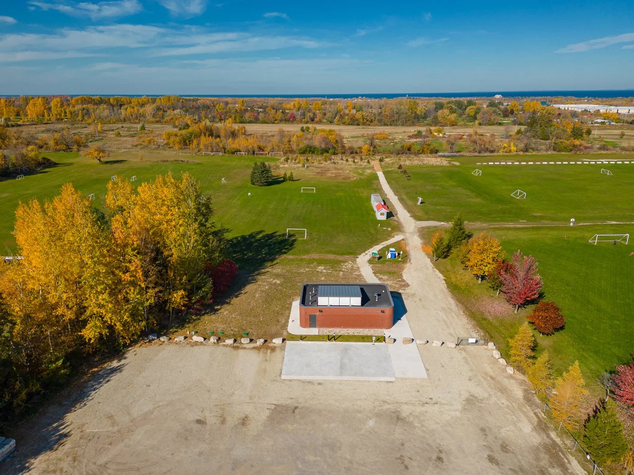 Aerial view of Fisher Field Soccer Clubhouse designed by SOCA