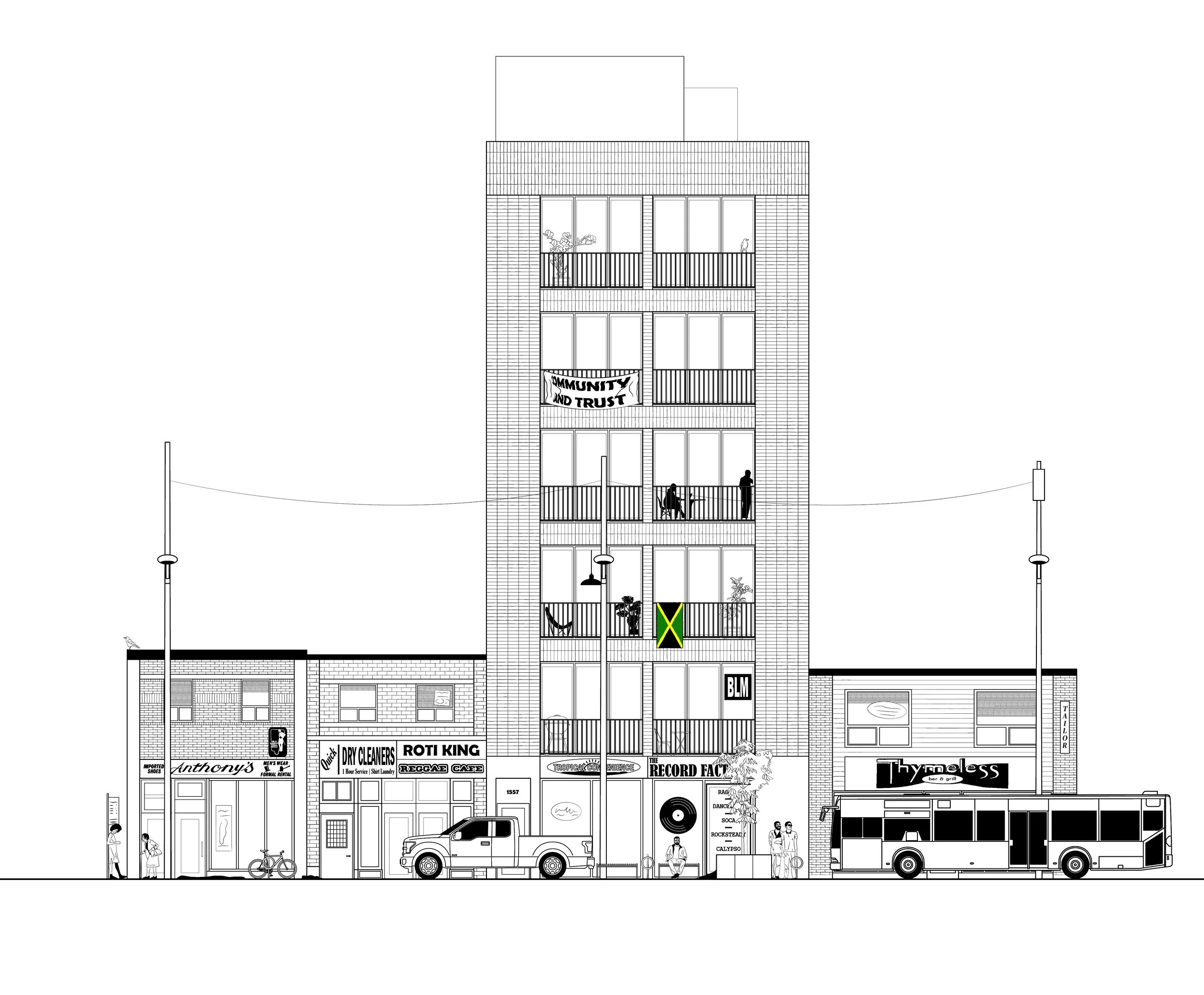 Mid-rise elevation drawing for the AAHA Venice Biennale 2023 designed by SOCA
