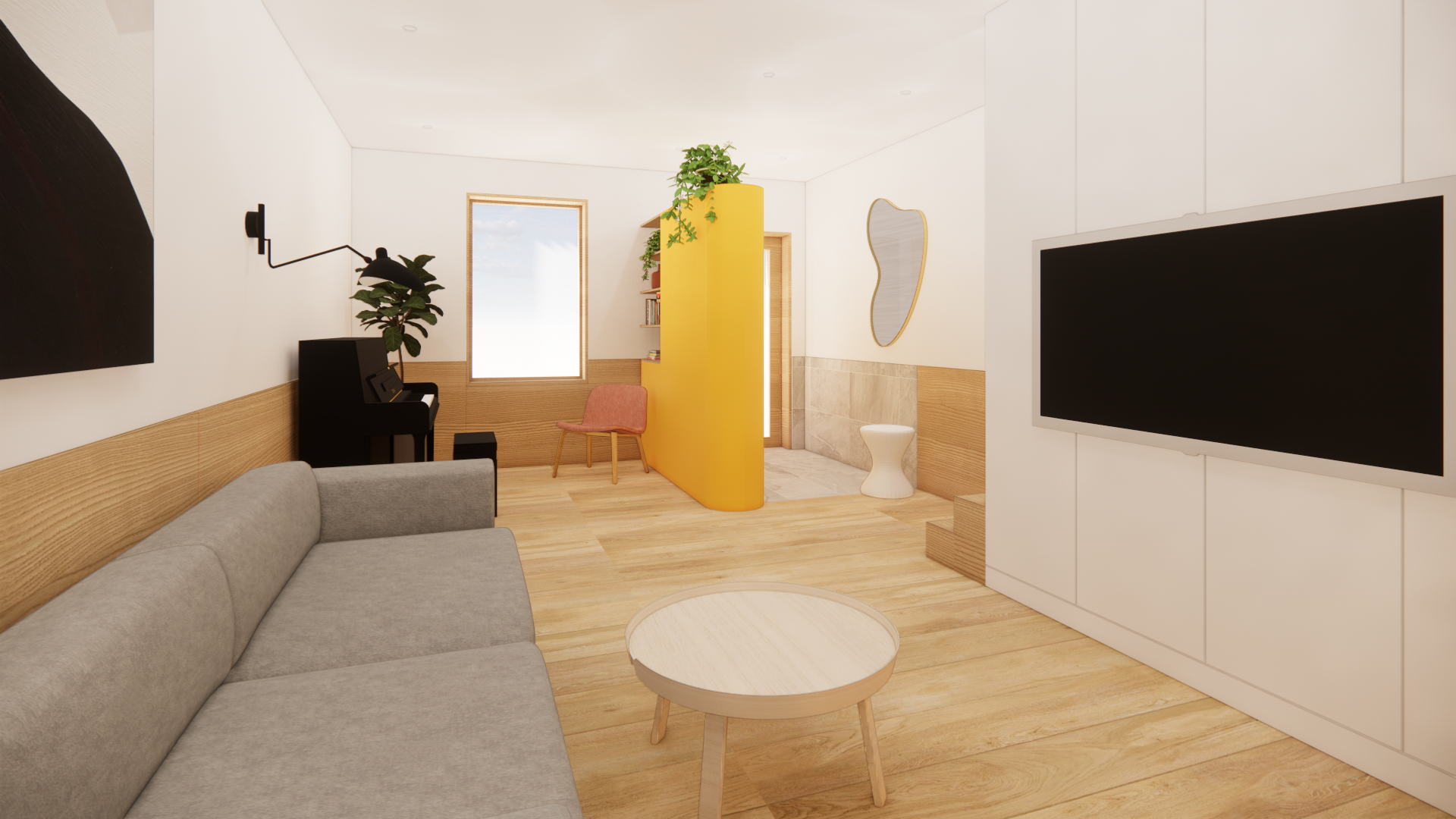 Living room render of the Poucher House designed by SOCA