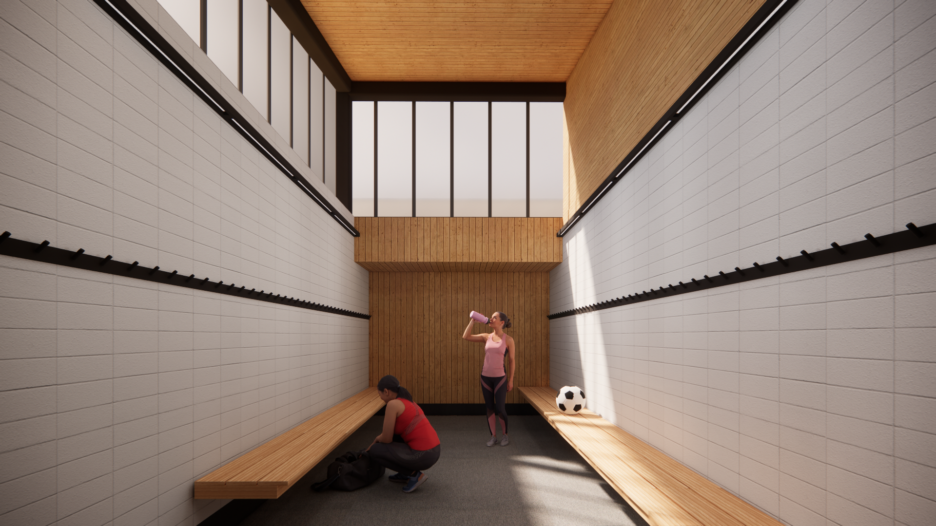 Interior render of Fisher Field Soccer Clubhouse designed by SOCA