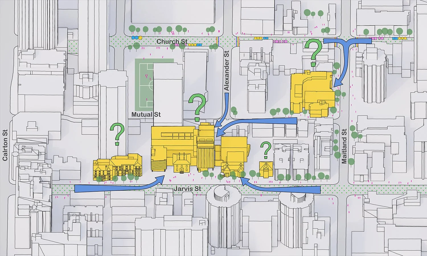 Diagram of site circulation for Canada's National Ballet School Feasibility Study developed by SOCA