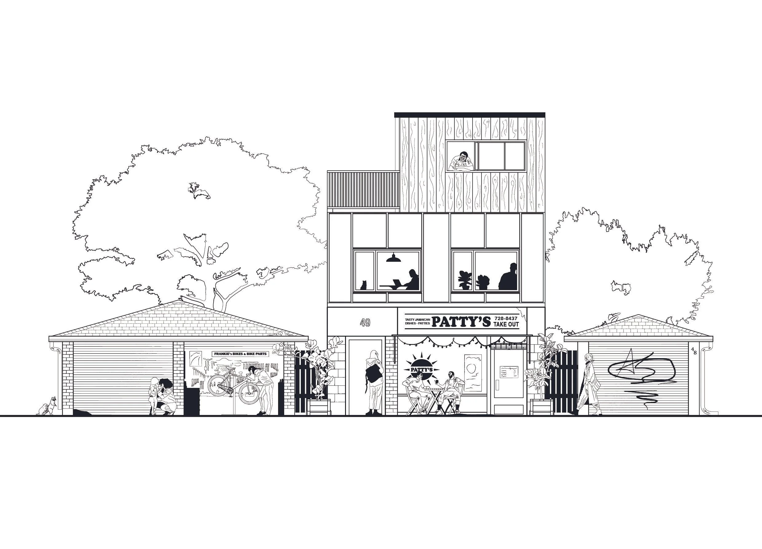 Mixed-use laneway elevation drawing for the AAHA Venice Biennale 2023 designed by SOCA