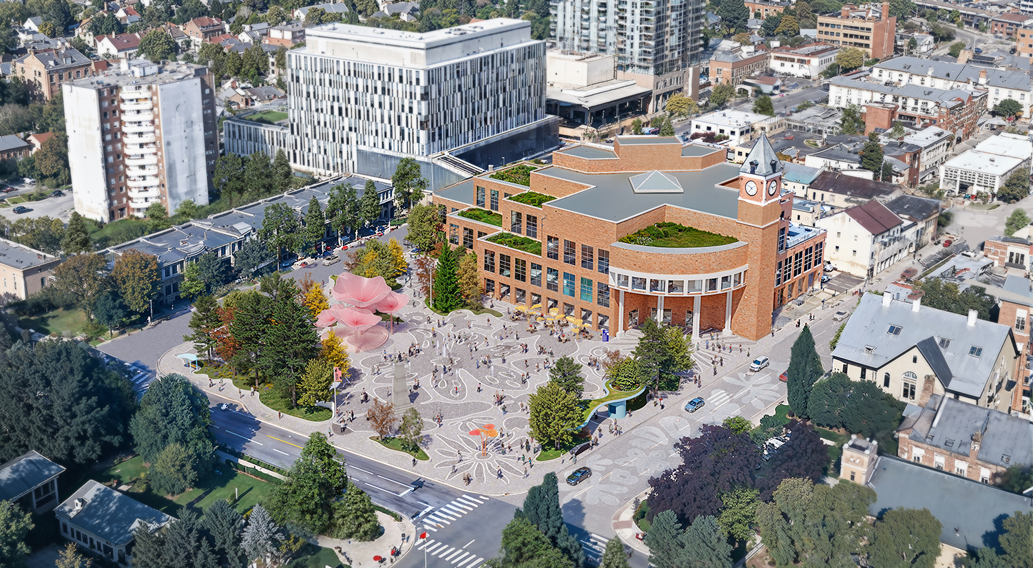 Aerial render of Ken Whillans and Garden Squares Design Competition designed by SOCA and MVRDV