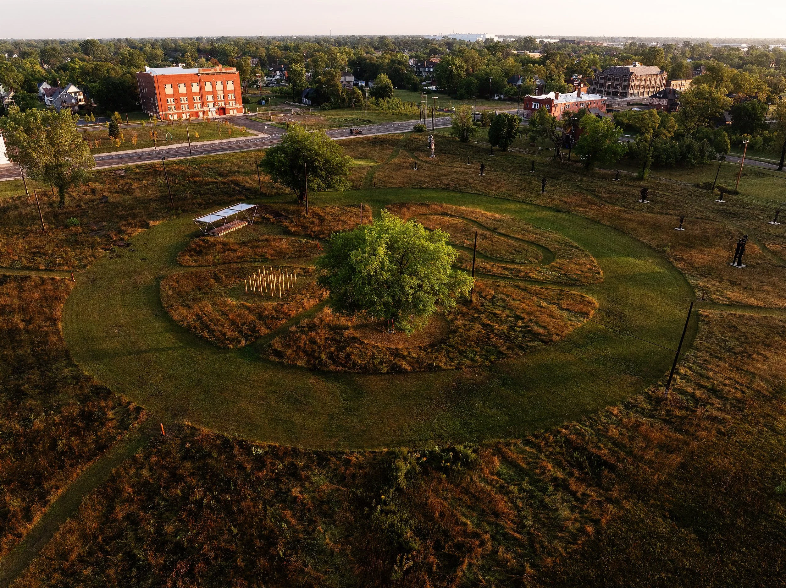 Aerial view of Between Your Love and Mine, a sculpture park exhibition for Detroit Month of Design, with works by SOCA, OSD, UNDECORATED, and Castor Design