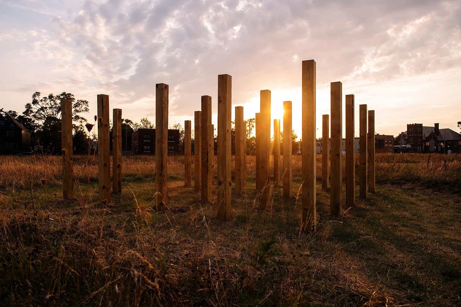 View of SOCA’s 'Grid,' one of four installations featured in Between Your Love & Mine, a sculpture park exhibition for the Detroit Month of Design located in the East Side neighbourhood of Little Village.