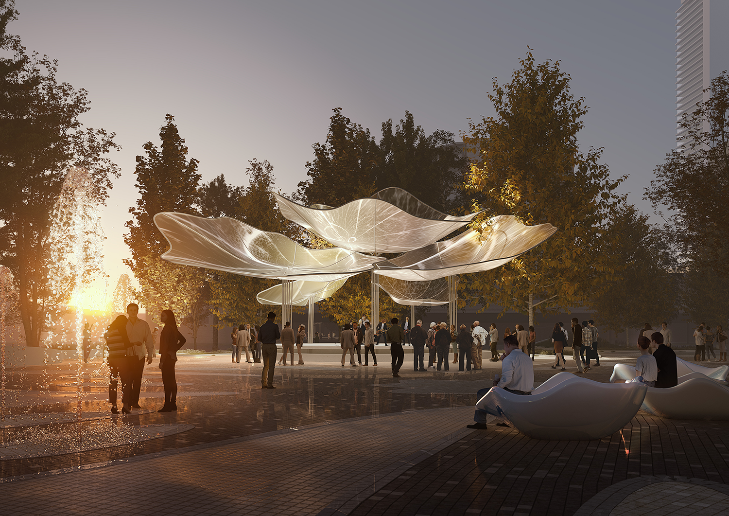 Sunset render of Ken Whillans and Garden Squares Design Competition designed by SOCA and MVRDV