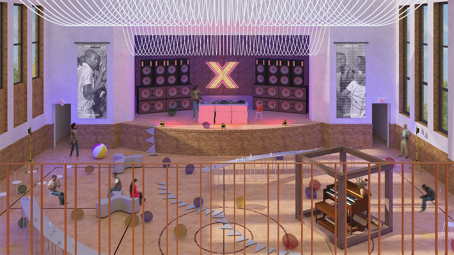 Auditorium render of The Land School Arts Incubator designed by SOCA
