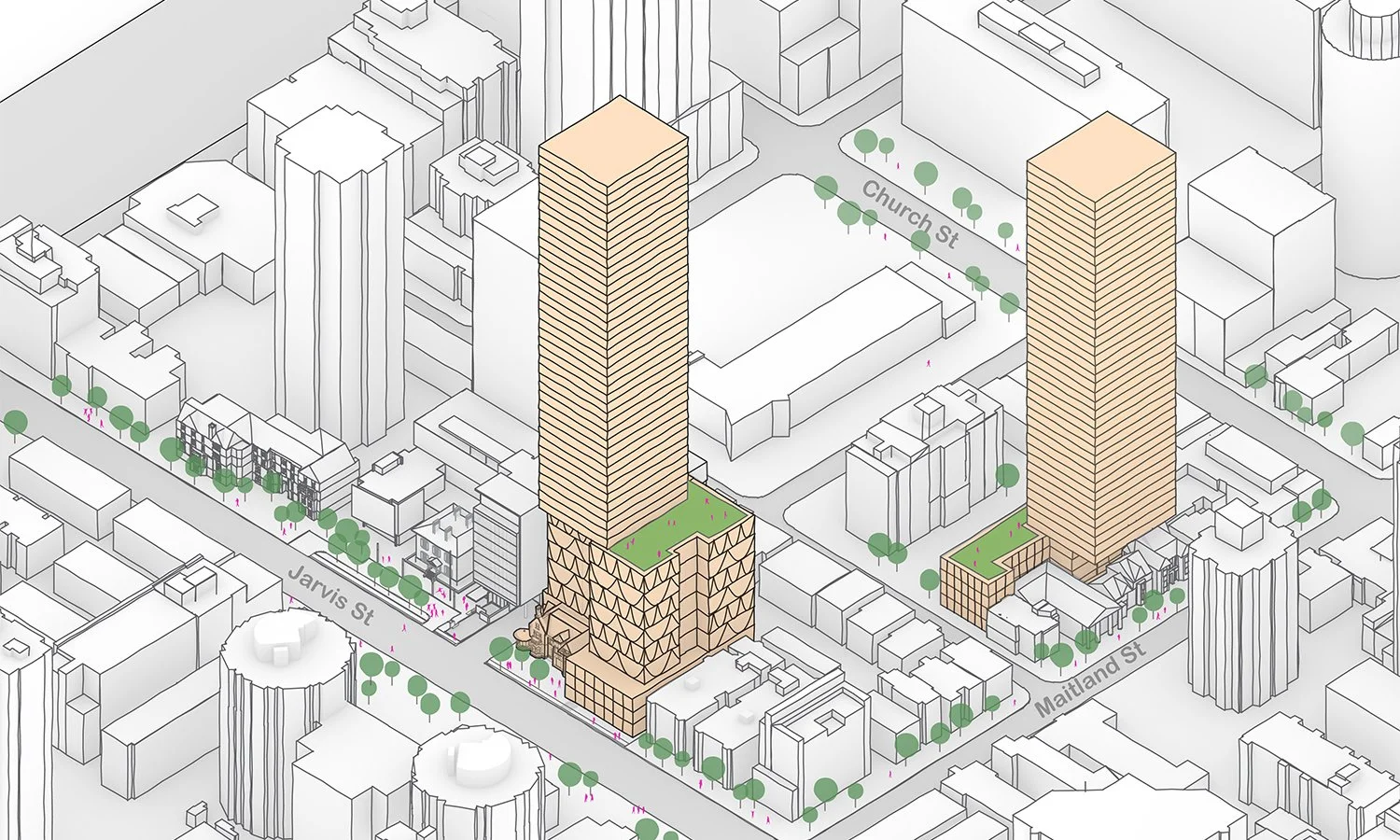 Axonometric of redevelopment scenario for Canada's National Ballet School (NBS) Feasibility Study developed by SOCA