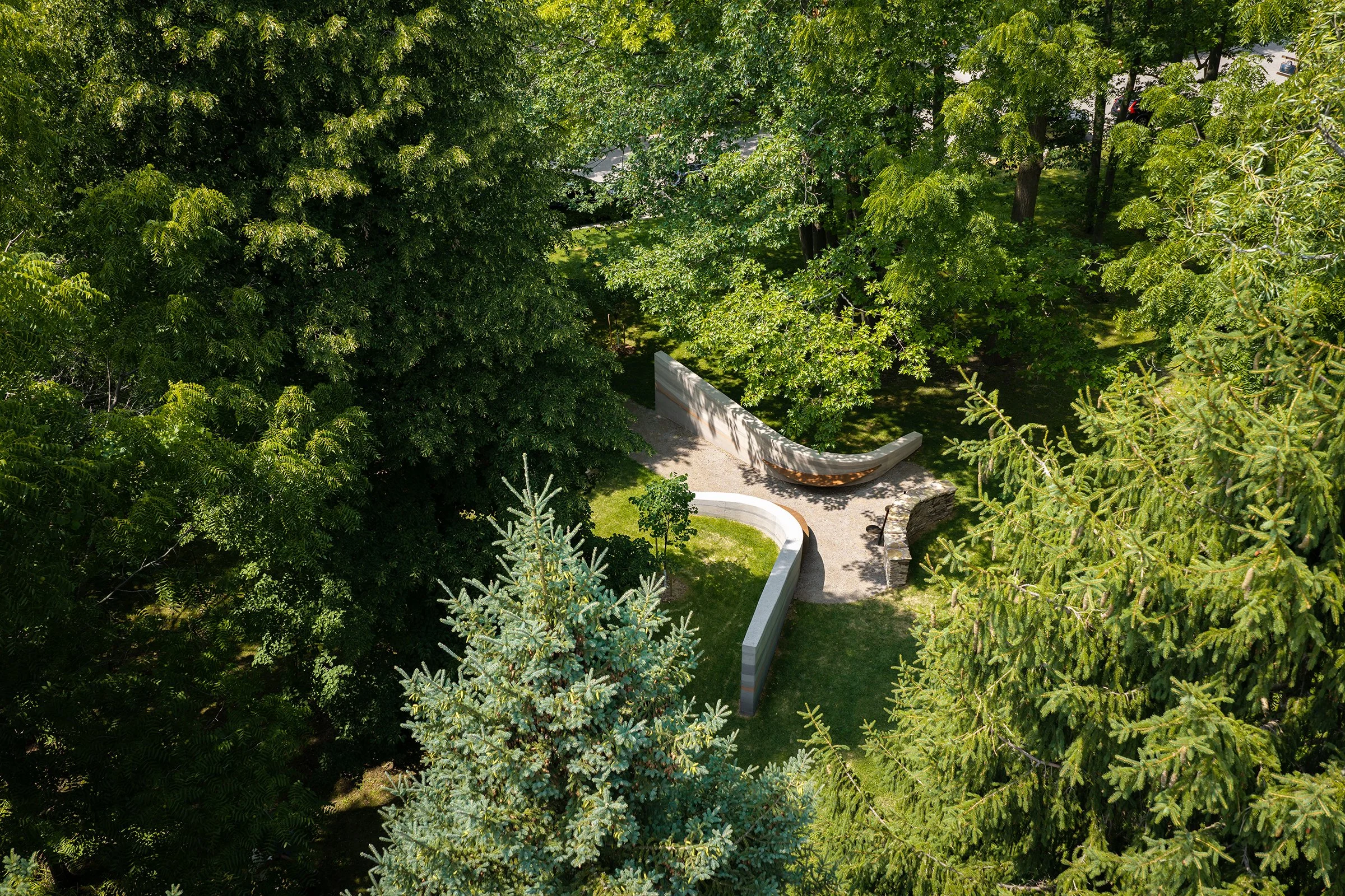Aerial view of Samuel and Martha Adams Memorial in Burnet Park Oakville, Ontario. A memorial to 19th century Black settlers to the region.