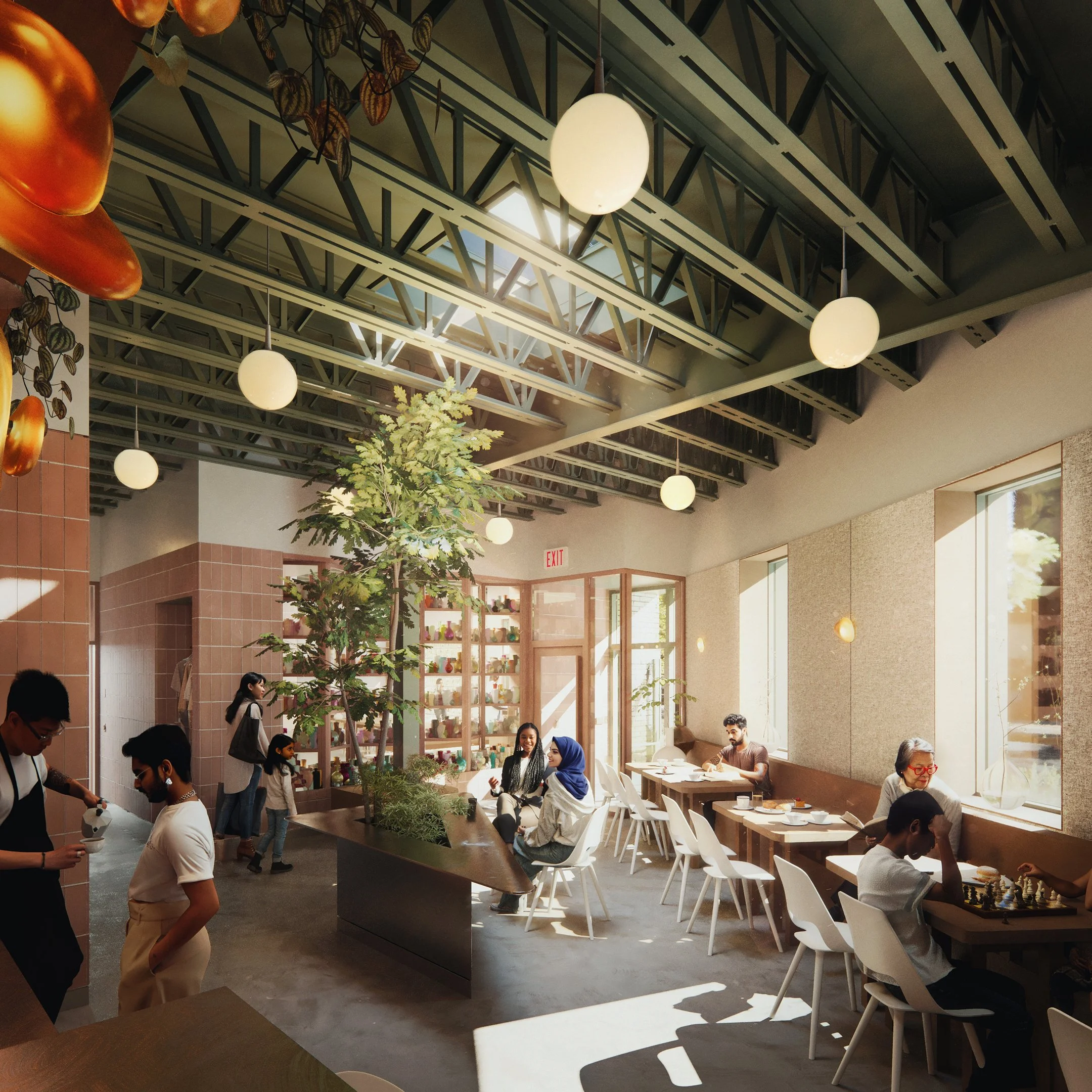Cafe render of Squig Space designed by SOCA and WXY Architecture