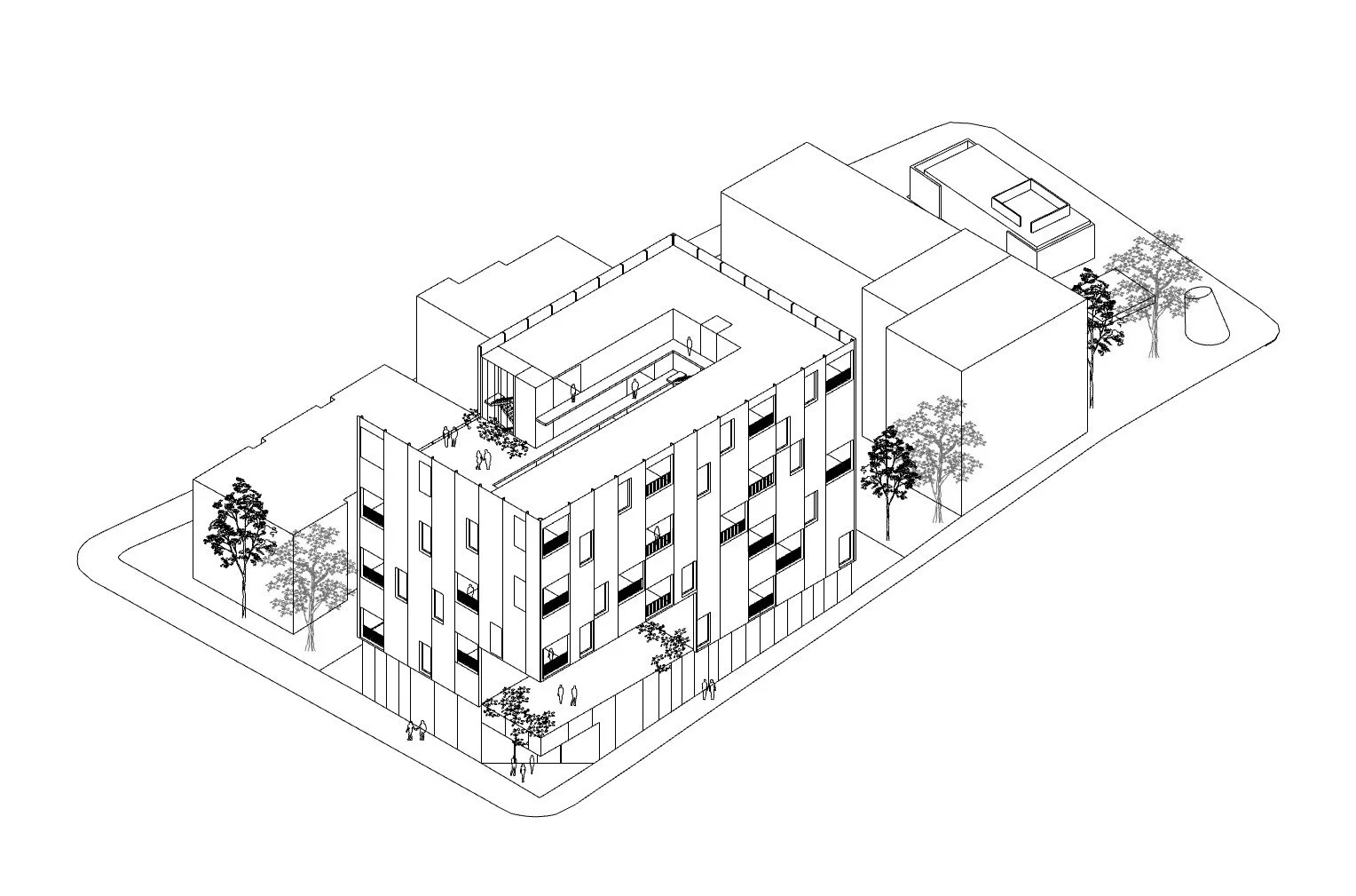 Massing exploration for the NCC-CAD Community Centre and Housing developed by SOCA and an option studio at McGill University