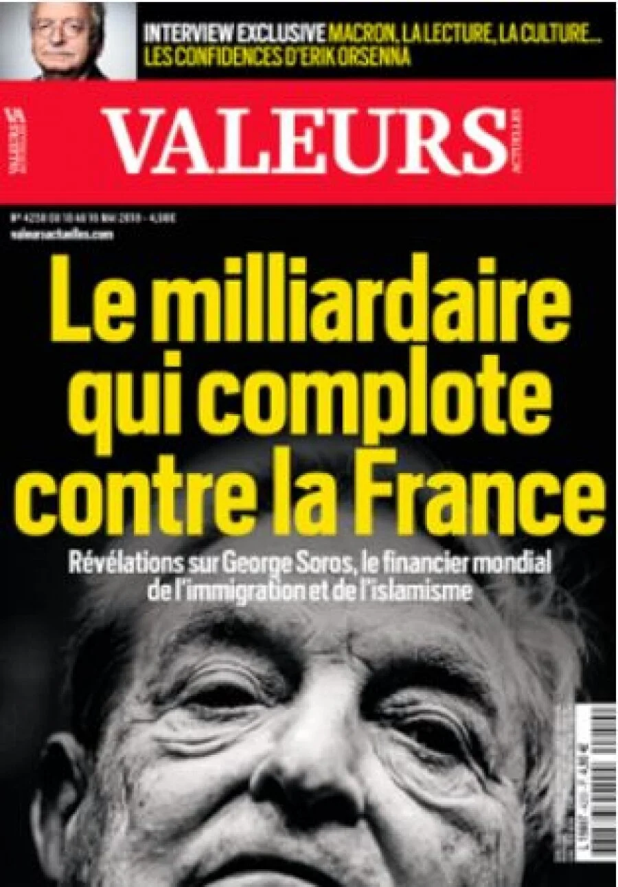 MAGAZINE DEPICTS GEORGE SOROS AS A CONSPIRATOR AGAINST FRANCE