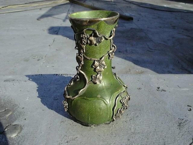 Unique Gorham Sterling Silver Overlay Grueby Faience Company Pottery Vase