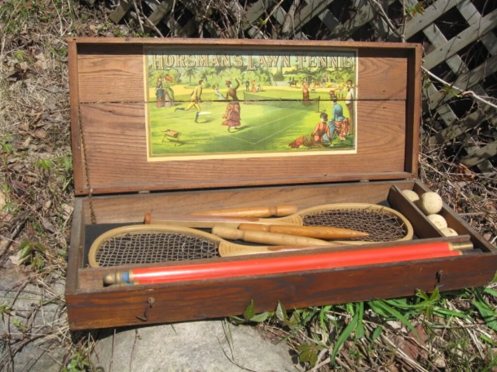 1890’s Horsmans Lawn Tennis boxed kit w/ early Tennis rackets and balls