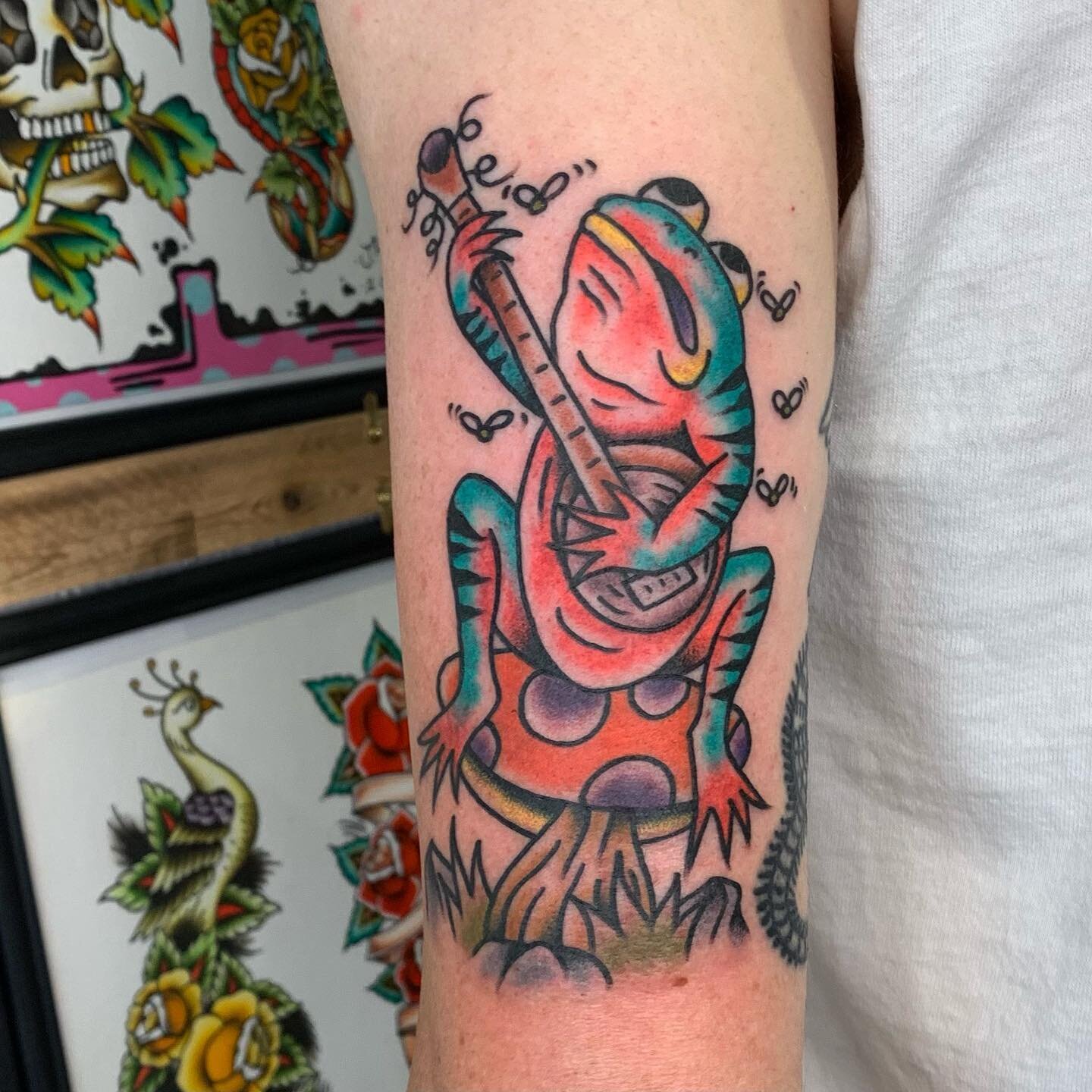 No posts for 27 weeks, coming&rsquo; in hot with my Psychedelic Banjo Toad from @j.haustattooer at @sweet.heart.tattoo with @gold.tooth.cult riding shotgun. Thanks for my birthday art and generally nice afternoon. Can&rsquo;t wait for the next sit do