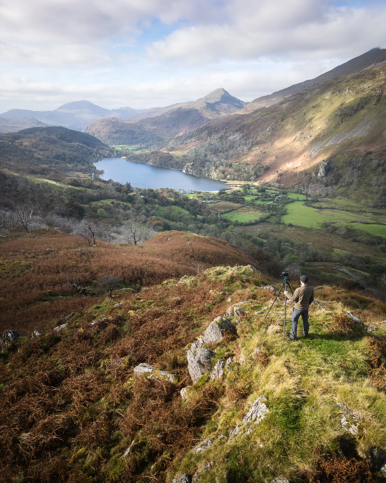 A drone photo of me photographing the view of Llyn Gwynant in Snowdonia taken by Trevor Sherwin Photography
