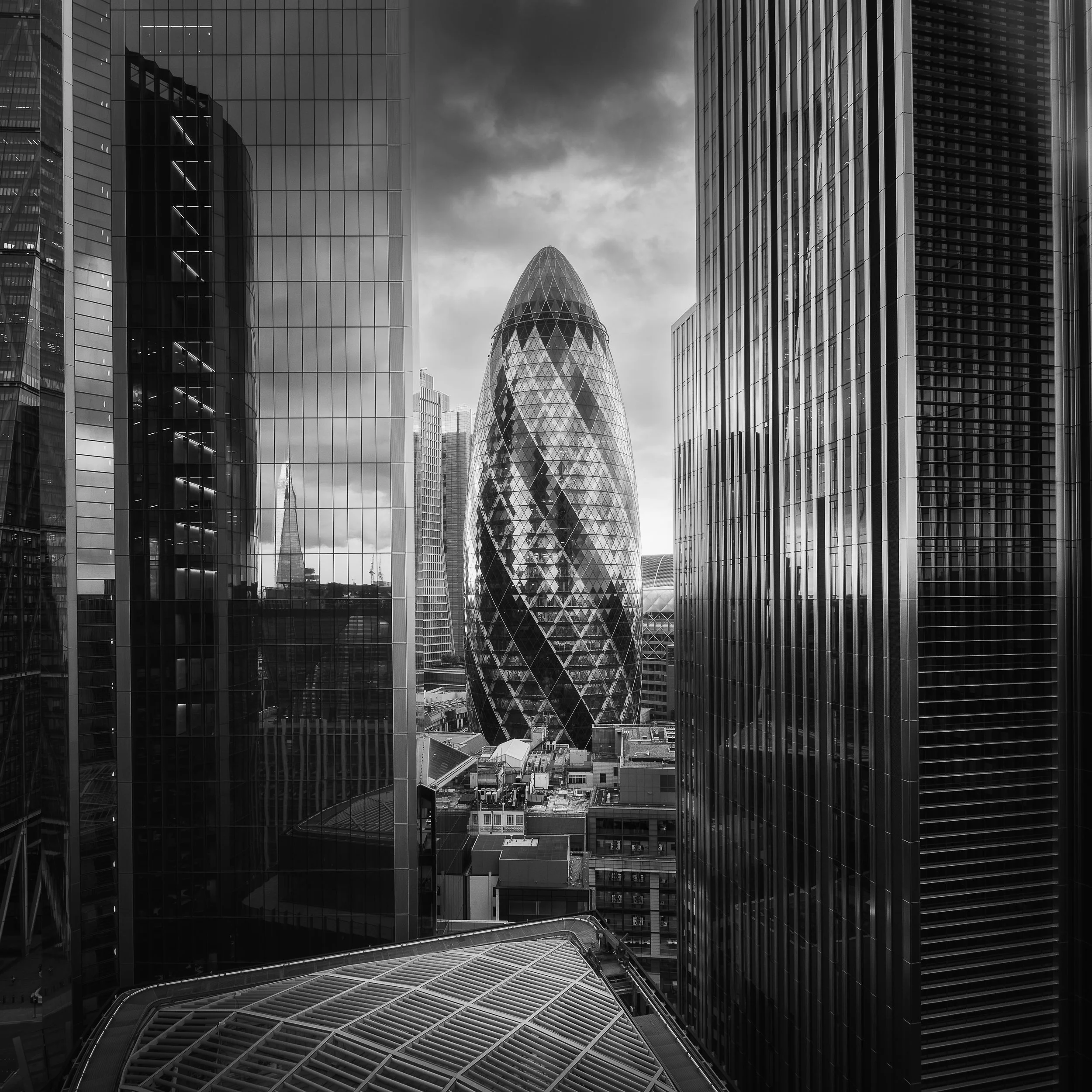 A framed view of the Gherkin building taken from the Garden at 120 in London by Trevor Sherwin Photography