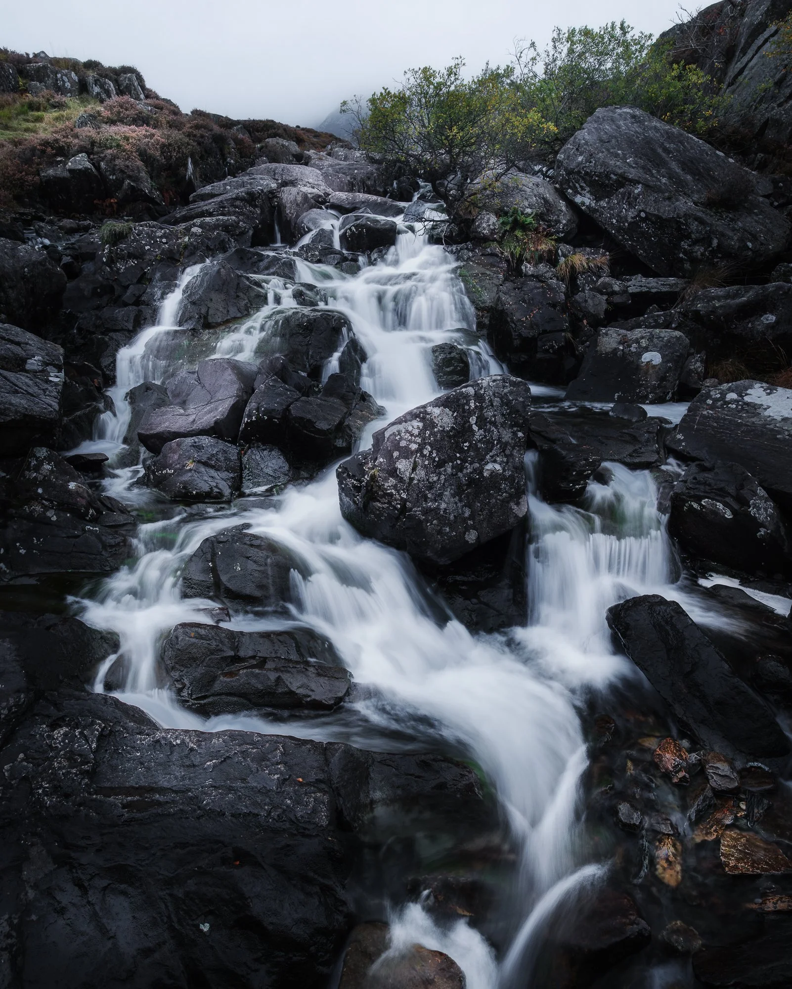 The cascading water along Afon Idwal in the Ogwen Valley in Snowdonia