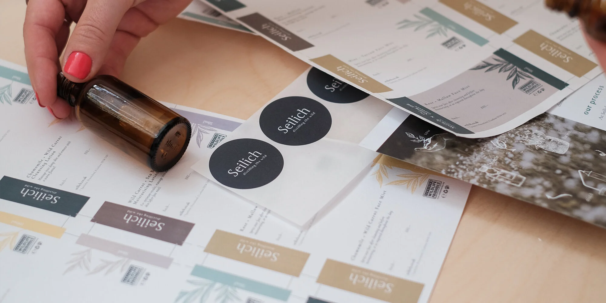 A hand with pink nail polish holding a small brown bottle over sheets of paper with "Seilich distilling the wild" logos and product labels featuring botanical designs.