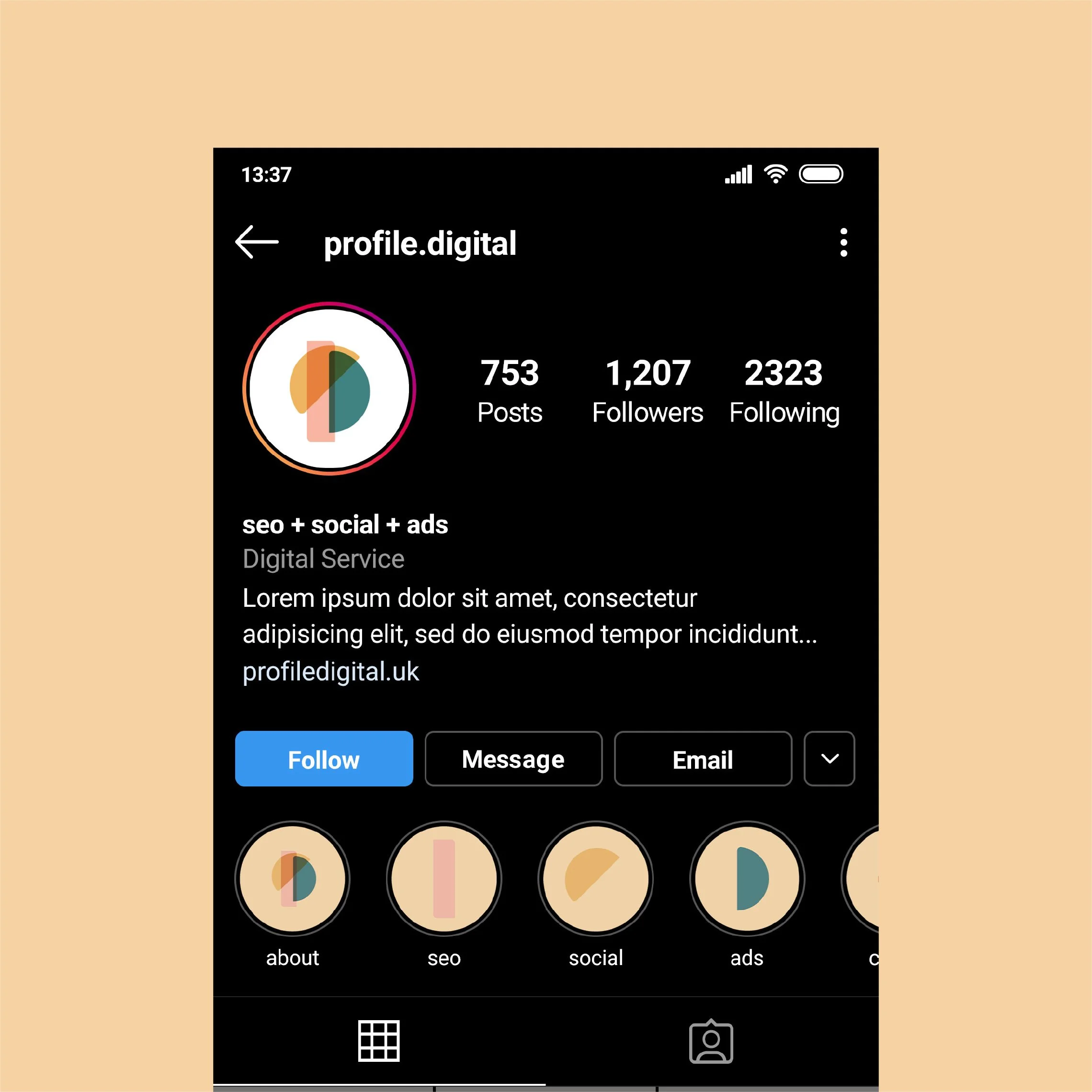 mockup of instagram profile and bespoke highlight cover images for social media agency in the UK