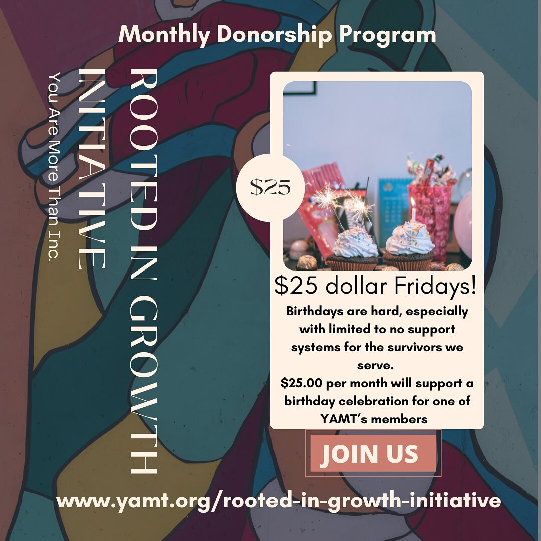 ✨ Rooted in Growth Initiative ✨

#25DollarFridays ⁣⁣⁣
⁣
This twenty-five dollar Friday we are asking for 𝐝𝐨𝐧𝐚𝐭𝐢𝐨𝐧𝐬 𝐭𝐨𝐰𝐚𝐫𝐝𝐬 our mission to continue to support BIPOC and LGBTQ survivors of the commercial s industry nationally. ⁣

Our Ro