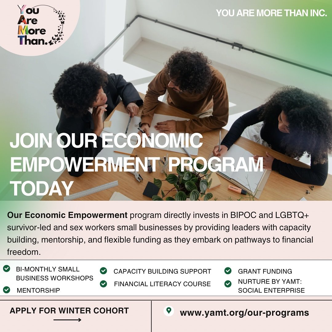 ✨You Are More Than Inc. ✨
:
✨ Are you a BIPOC or LGBTQ+ small business owner in the United Stated that identifies as a s worker, trafficking survivor, or someone impacted by the commercial s industry? OR 

✨ Are you interested in starting a small bus