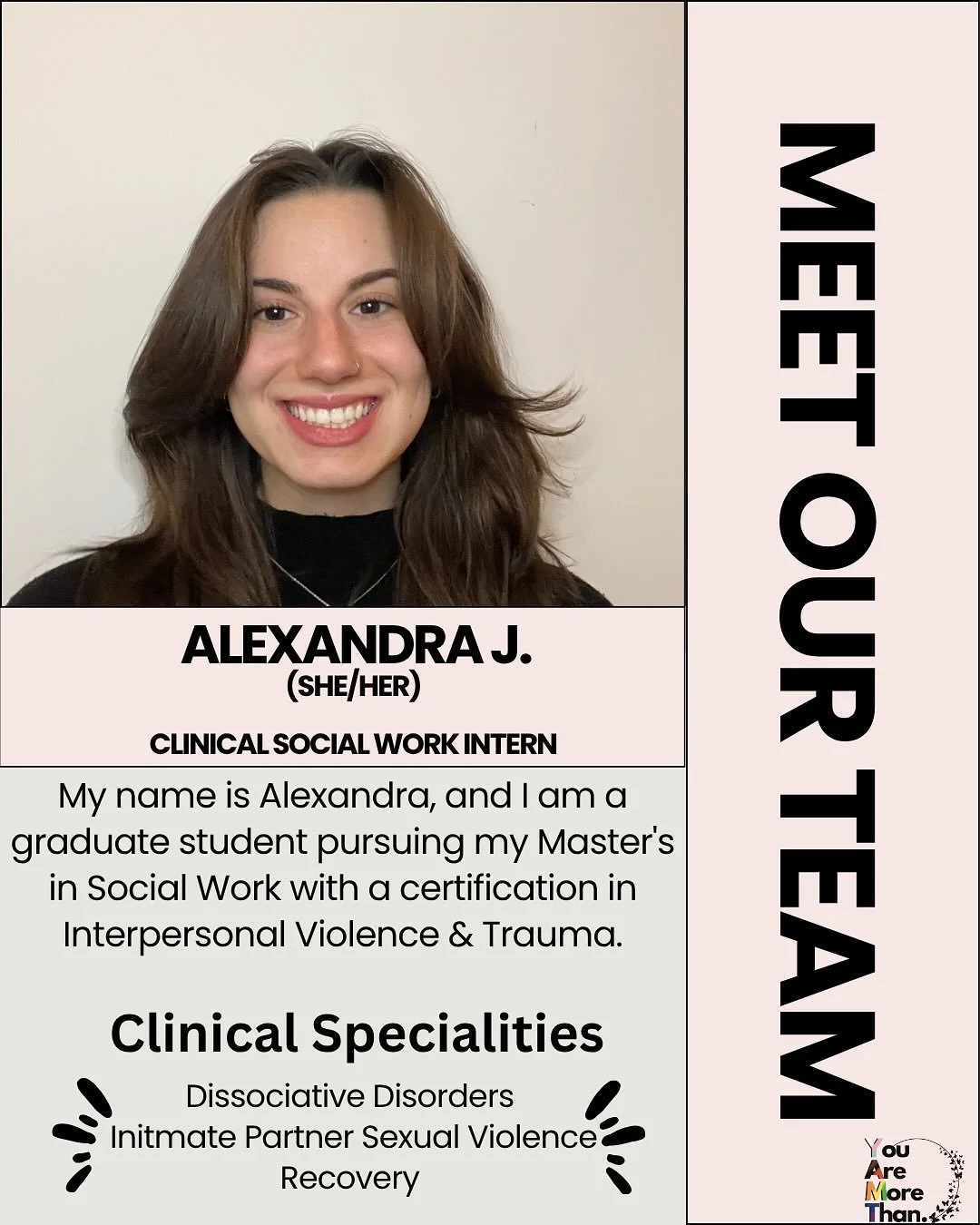 A Big Welcome to YAMT&rsquo;s Fall Clinical Intern: 
:
✨ Are you a s&hellip;x worker or survivor of trafficking? 

✨ Are you in need of therapy services and would like access to specialized trauma treatment for free thru You Are More Than Inc?

✨ Are