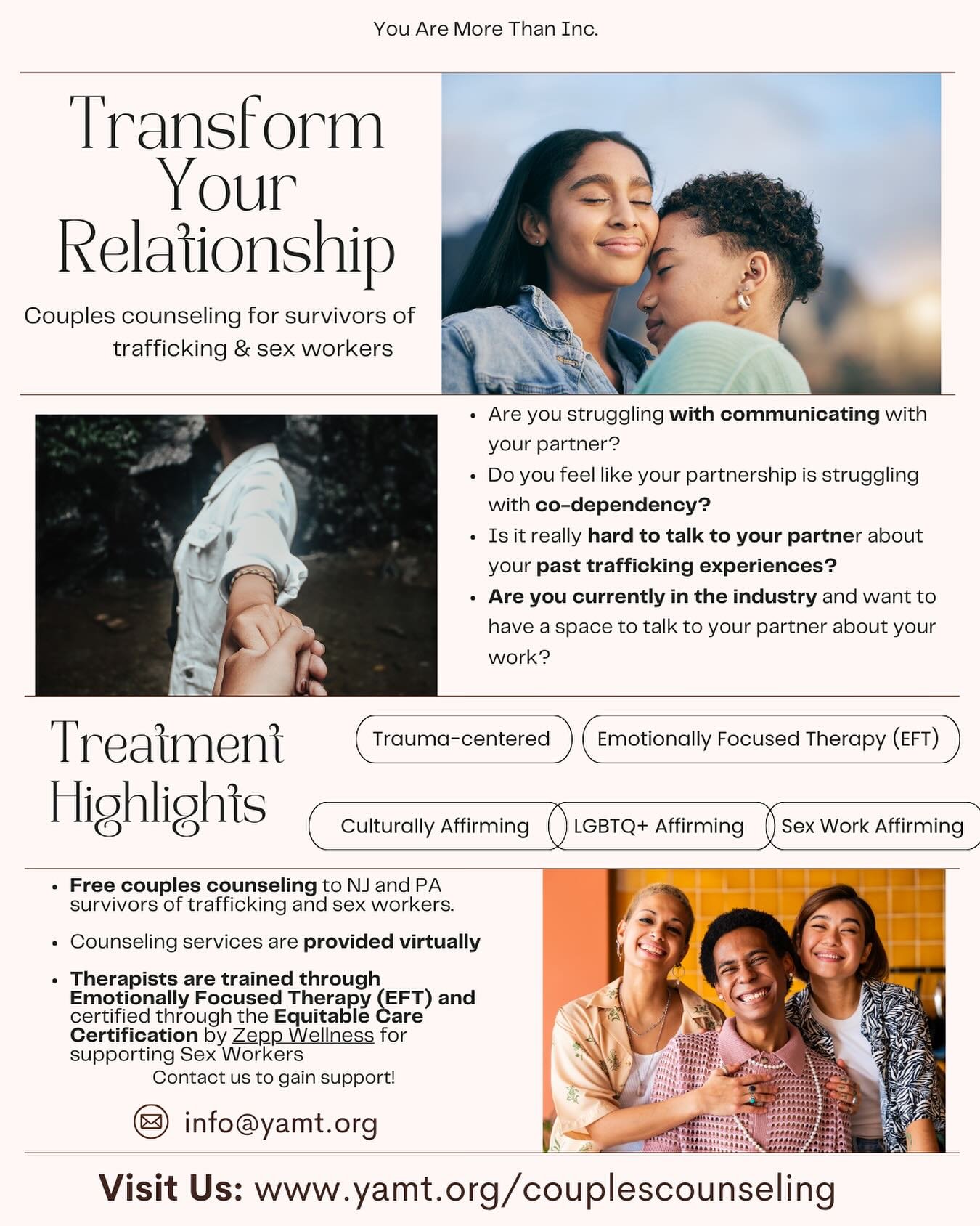 ✨You Are More Than Inc. ✨
:
YAMT is so excited to announce our newest offerings: Couples Counseling for survivors and 🌶️ workers in our community. 

🖤 Are you struggling with communicating with your partner?

🖤 Do you feel like your partnership is