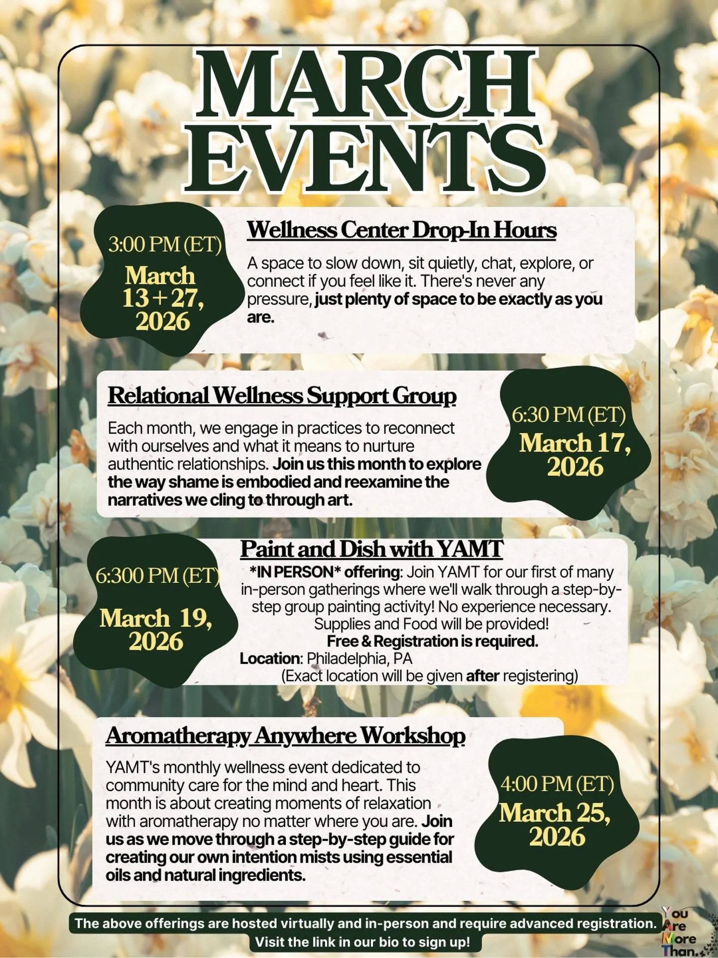 ✨You Are More Than Inc. March Offerings✨

🌷Join our Wellness Department and fellow members for one of our exciting February offerings! Learn more about what we have planned below and sign up to participate utilizing the link in our bio! 🌷

🌷Paint 