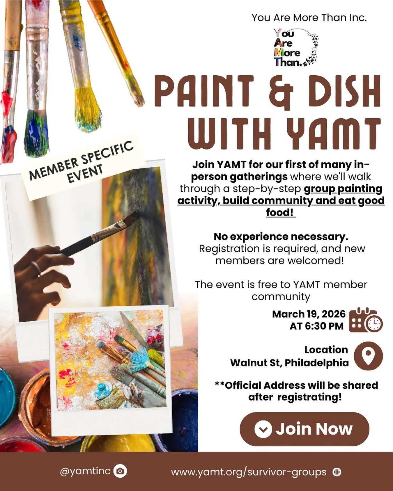 ✨ You Are More Than Inc. ✨
:
Paint &amp; Dish with YAMT - IN PERSON offering. 
:
Join YAMT for our first of many&nbsp;in-person gatherings&nbsp;for those who identify as trafficking survivors and anyone who&rsquo;s in the commercial s3x industry. 

W