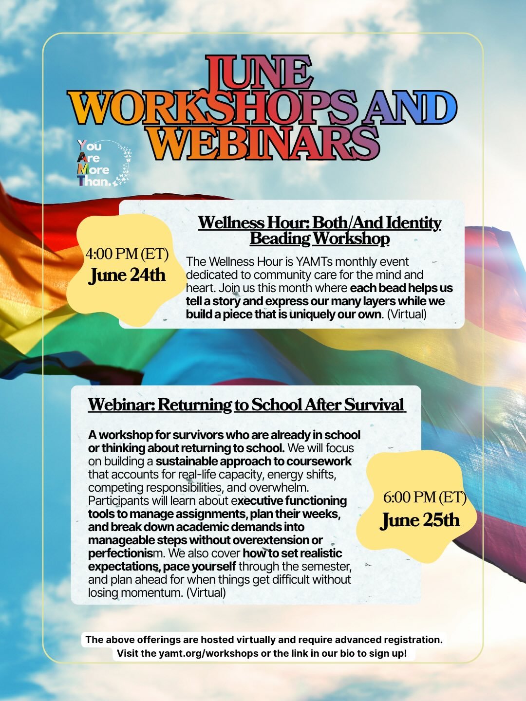 Join YAMT this June for one of our many Workshops, Webinars, and Groups led by our Wellness Program and Career and Education Program Coordinators!  Learn more about what we have planned below and sign up to participate! 

#workshops #webinars #lgbtq
