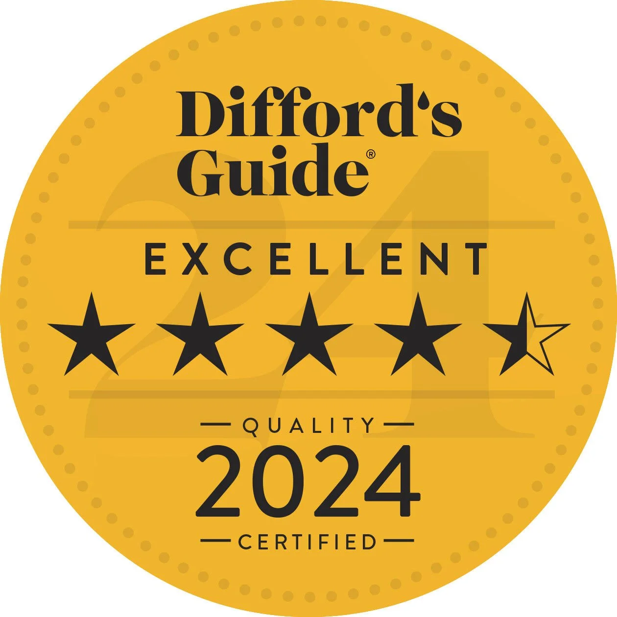 A yellow circular badge with black text that reads 'Difford's Guide Recommended' and '2023 Certified Quality' with five stars, four filled and one empty.