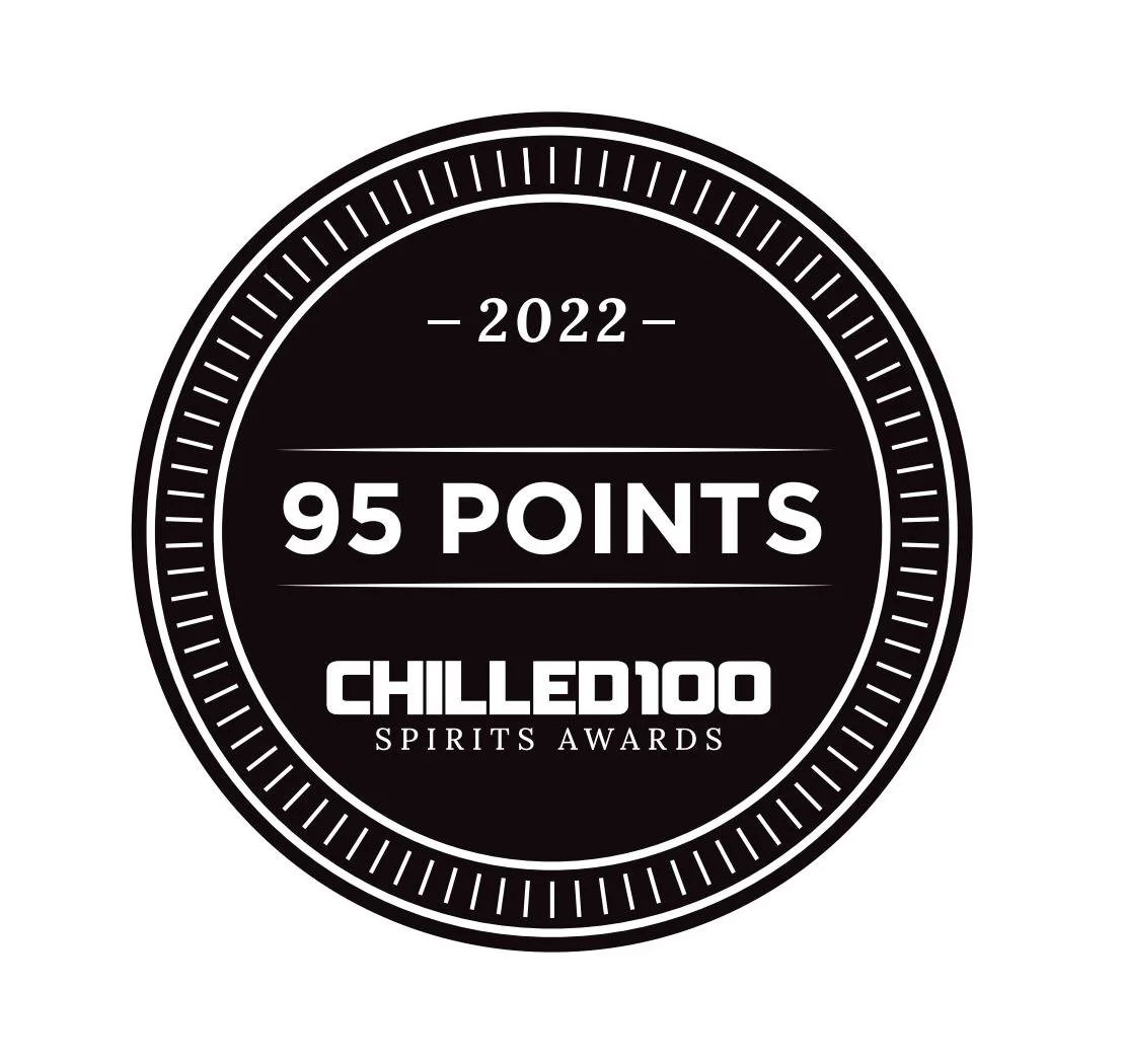 Black and white circular badge with the text '2022,' '95 Points,' and 'Chilled 100 Spirits Awards'.