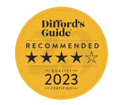 A yellow circular badge with black text that reads 'Difford's Guide Recommended' and '2023 Certified Quality' with five stars, four filled and one empty.