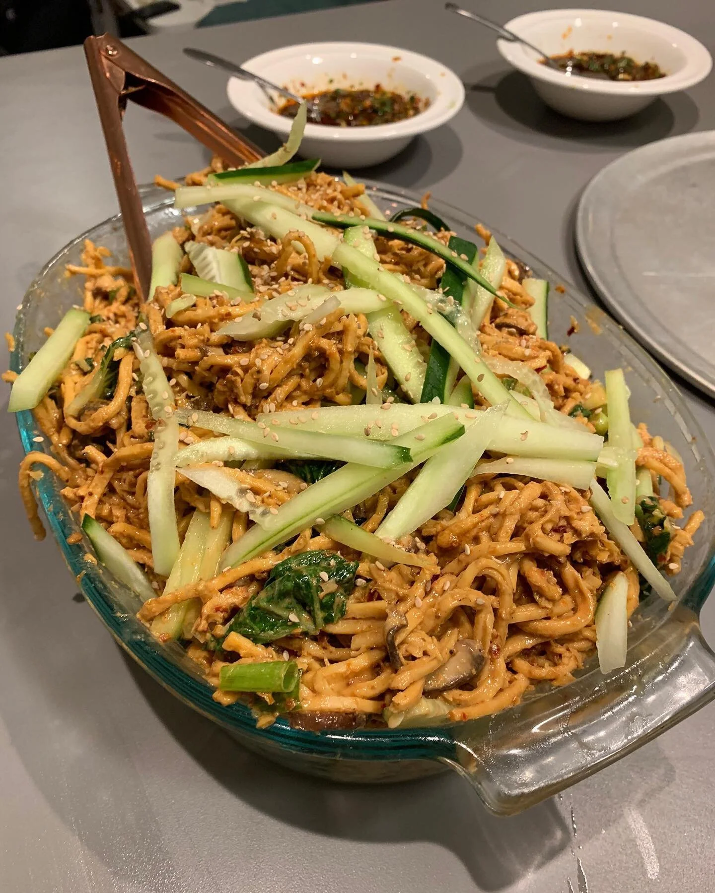 What better companion to dumplings than cold sesame noodles ! These are made with mushrooms, bok Choi, and cucumbers to add a little crunch. Top with some scallions, sesame seeds, and spicy chili flakes... you&rsquo;ve got one incredible dish !