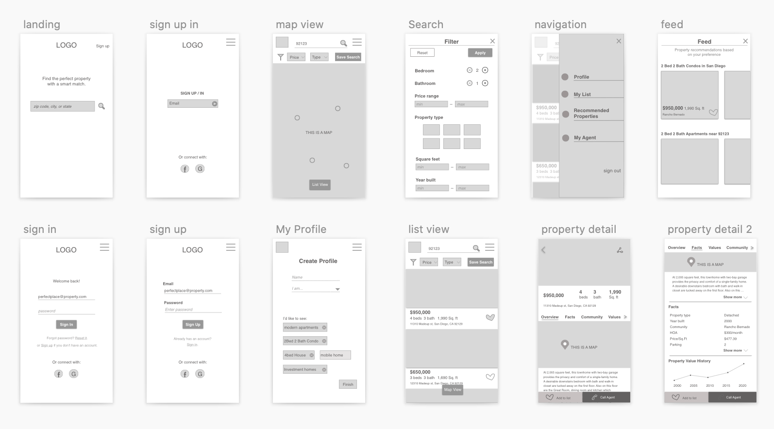 Gray scale mid-fidelity wireframe