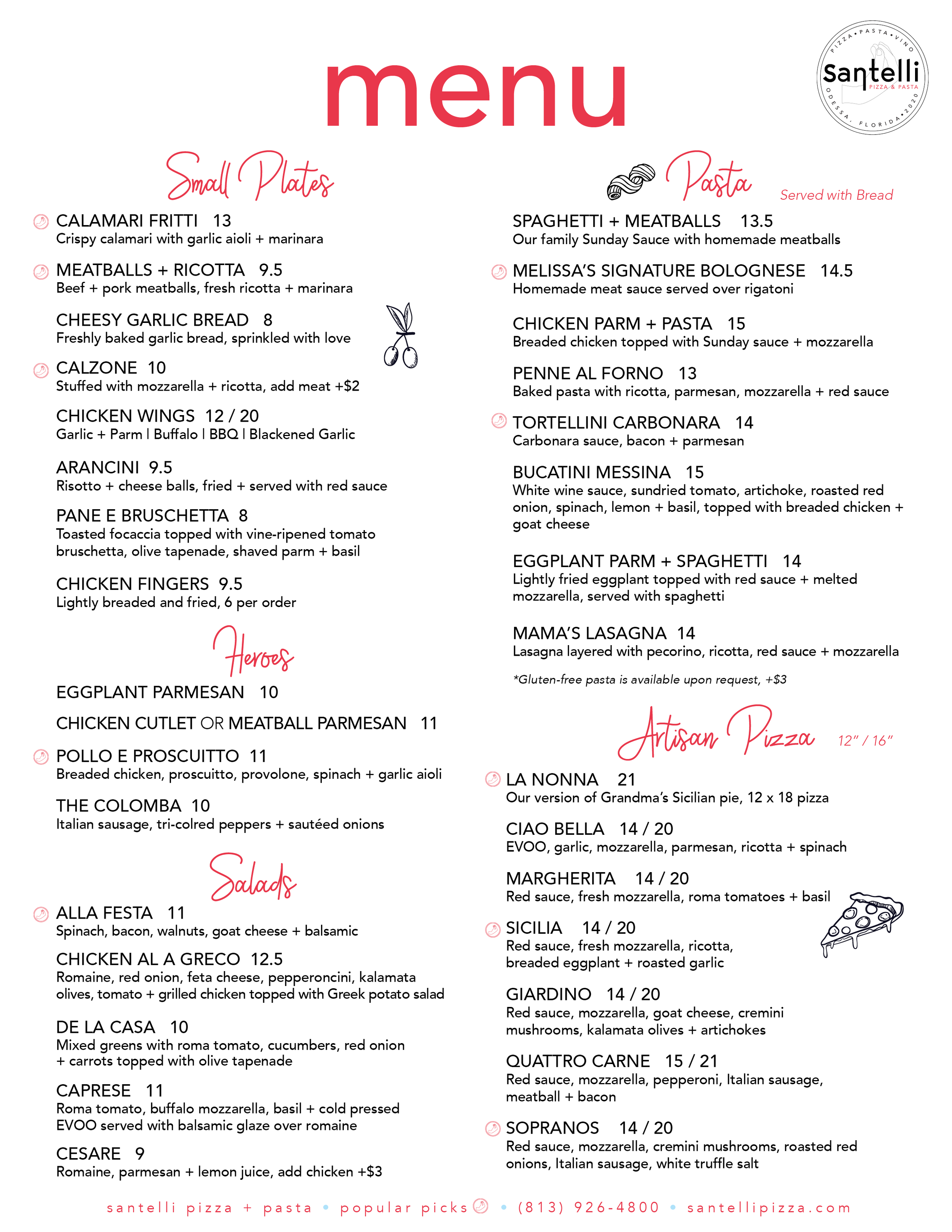 Santelli Pizza + Pasta Menu 2022