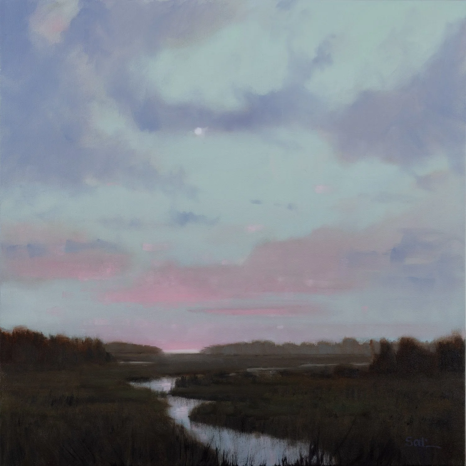 Morning Silence, 24x24 gallery wrap oil painting by Graham Salisbury, dawn marsh landscape with moon and winding creek, Pacific Northwest