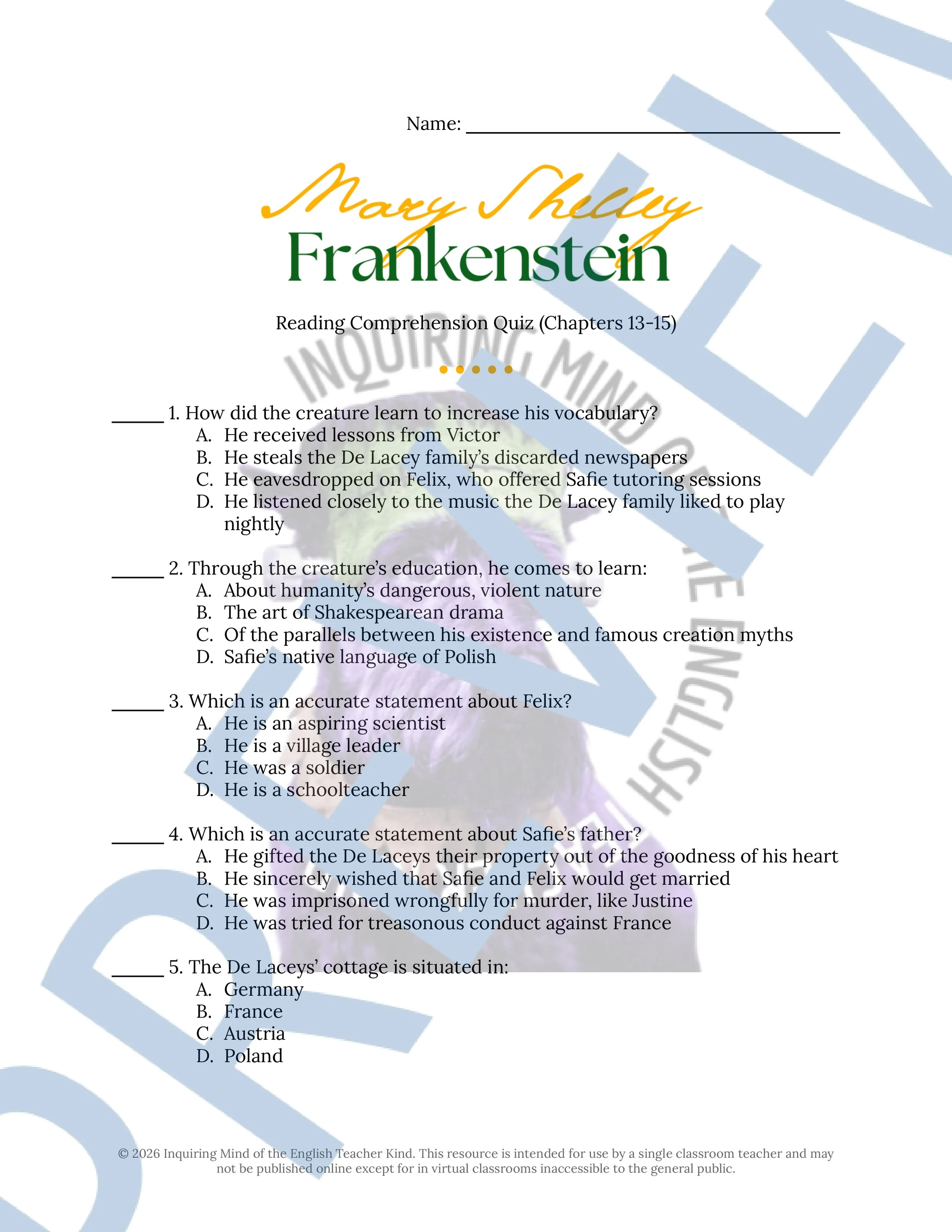 Frankenstein by Mary Shelley Chapters 13, 14, and 15 Quiz and Answer Key (1).jpg
