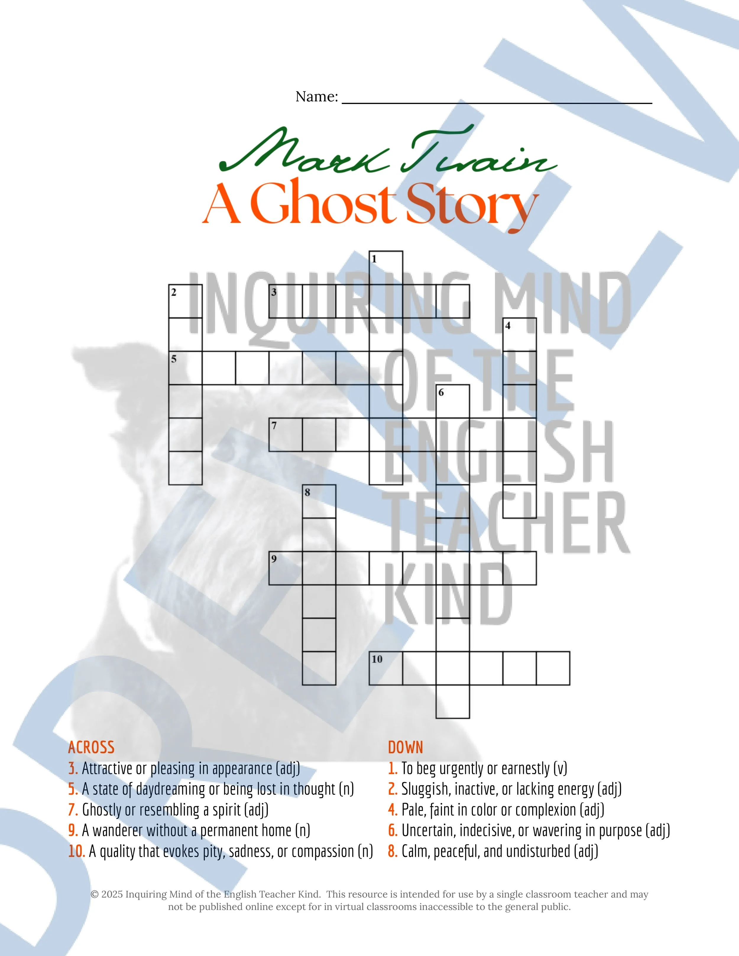 "A Ghost Story" by Mark Twain Quiz, Literary Analysis Worksheet, and Vocabulary Games for High School from Inquiring Mind of the English Teacher Kind