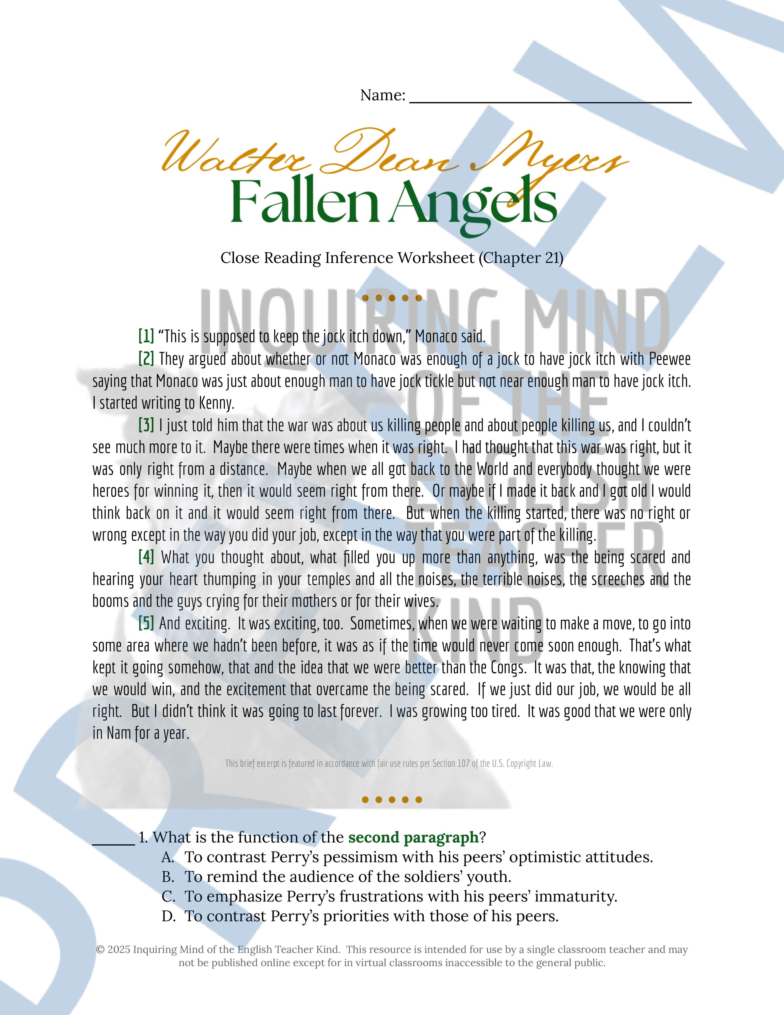Fallen Angels Quizzes, Worksheets, Research Project, Test, and Answer Keys Mega Bundle from Inquiring Mind of the English Teacher Kind