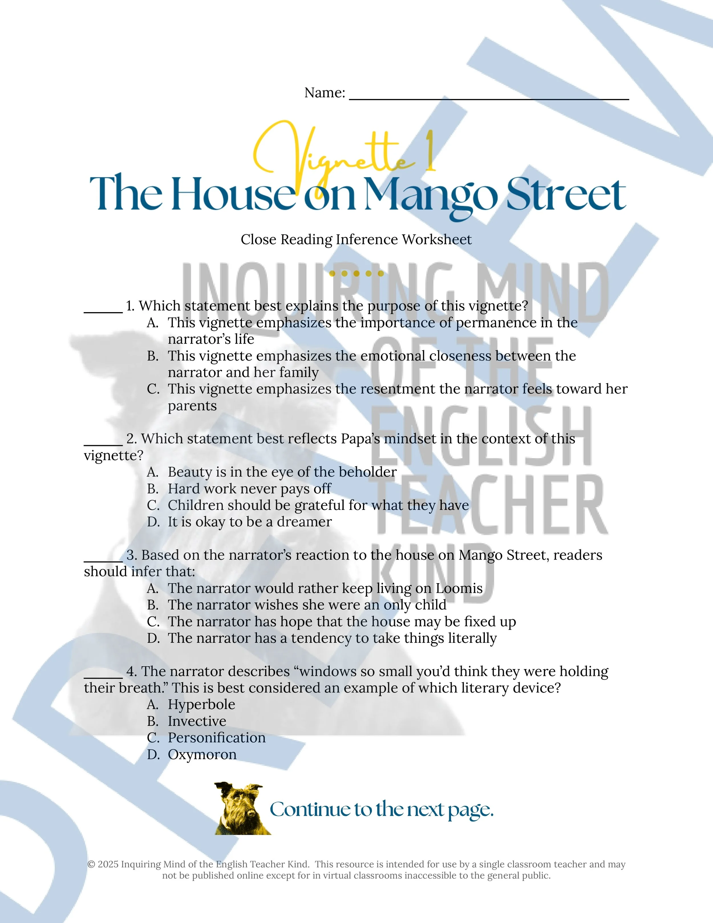The House on Mango Street Quiz and Close Reading Analysis Worksheets Bundle for Vignettes 1, 2, 3, and 4 from Inquiring Mind of the English Teacher Kind