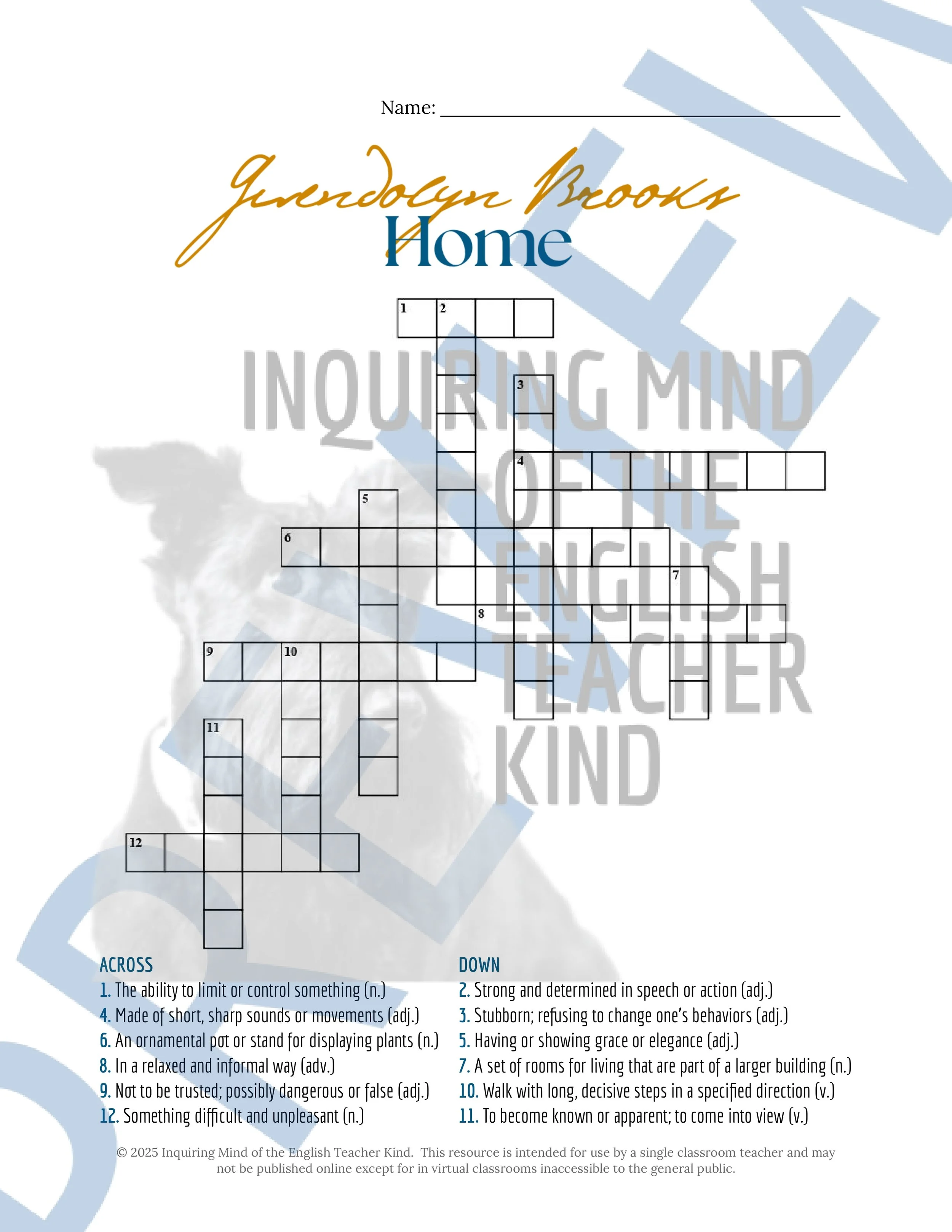 "Home" by Gwendolyn Brooks Quiz, Analysis Worksheet, Vocabulary Activities, and Answer Keys for High School from Inquiring Mind of the English Teacher Kind