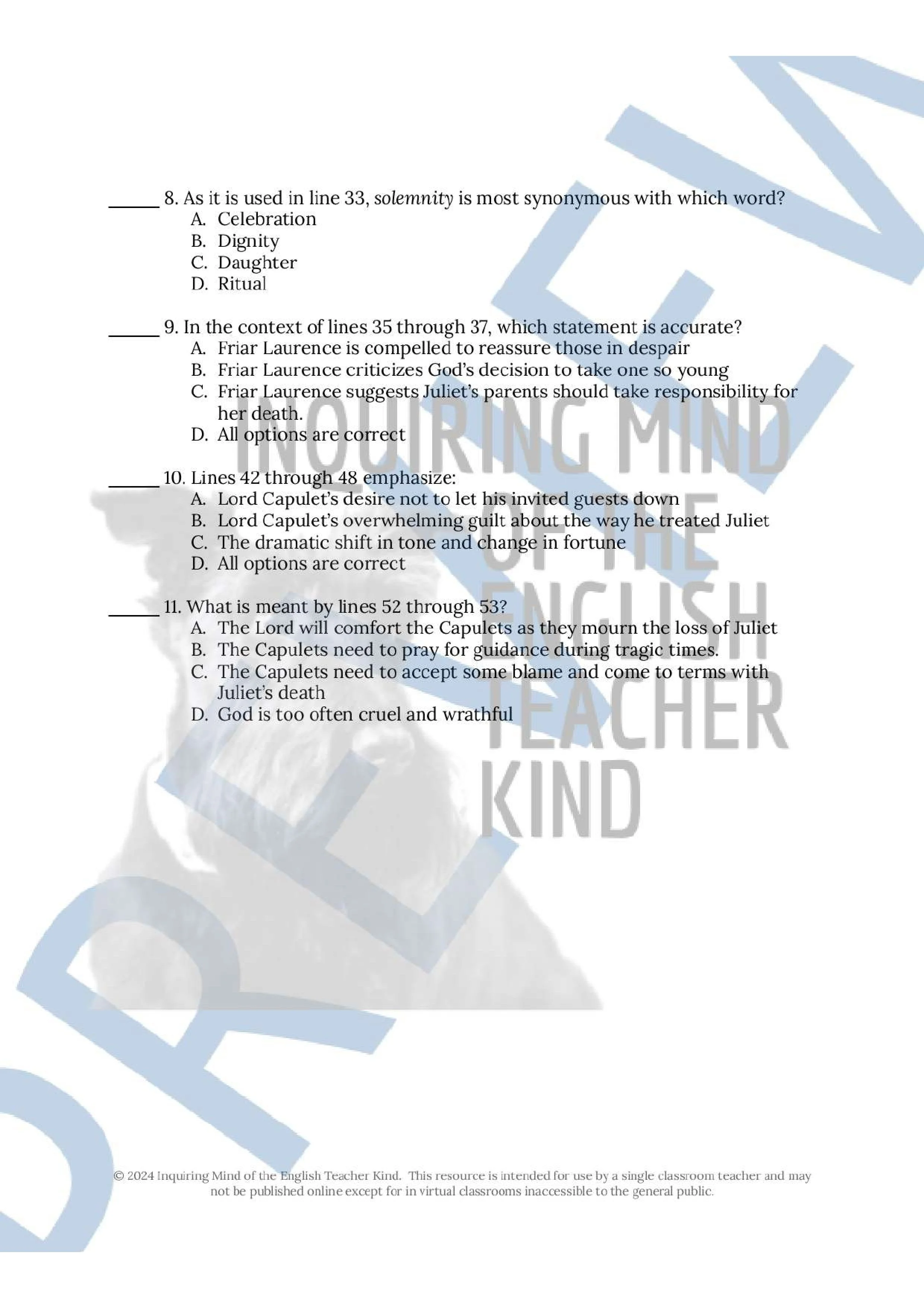 Romeo and Juliet Close Reading Analysis Worksheets and Answer Keys for High School English Language Arts by Inquiring Mind of the English Teacher Kind