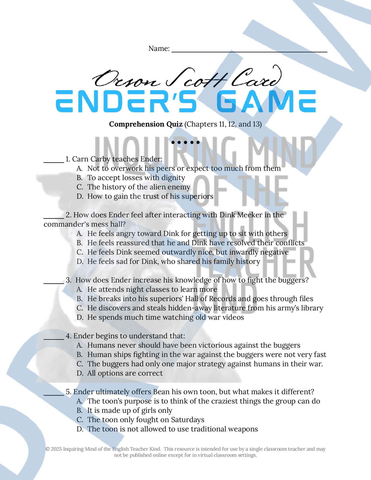 Ender's Game by Orson Scott Card Quiz and Answer Key Bundle for High School from Inquiring Mind of the English Teacher Kind