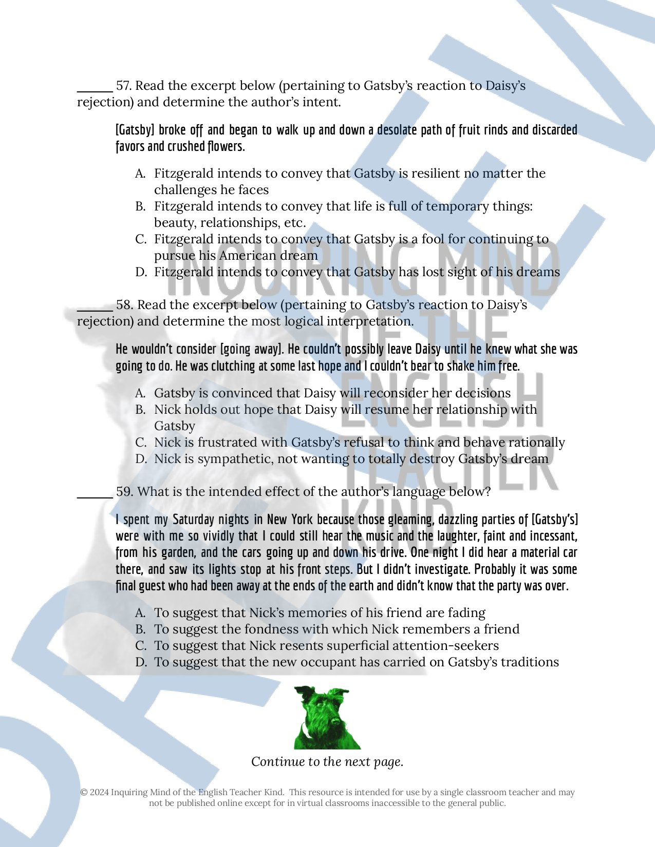 The Great Gatsby by F. Scott Fitzgerald Test, Answer Key, and Study Guide for High School