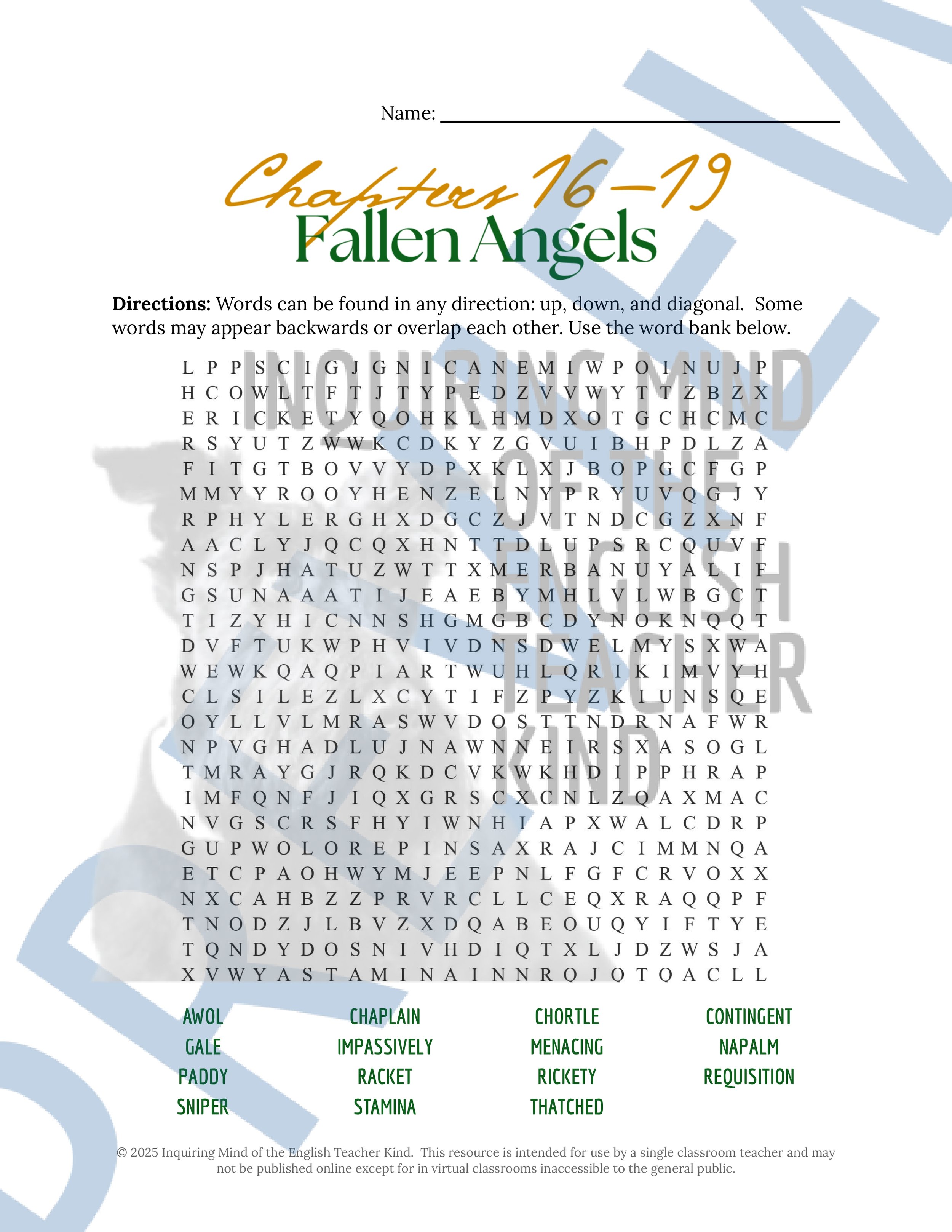 Fallen Angels Quizzes, Worksheets, Research Project, Test, and Answer Keys Mega Bundle from Inquiring Mind of the English Teacher Kind