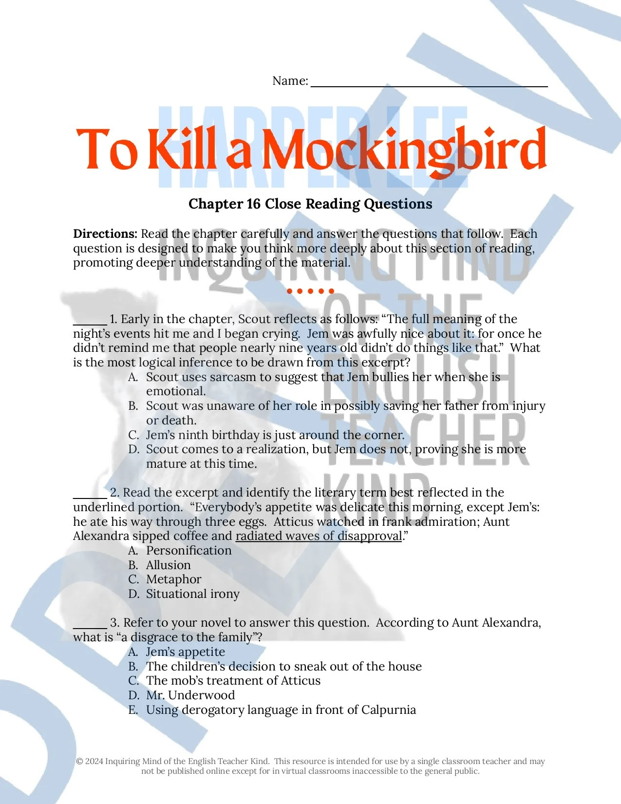 To Kill a Mockingbird Close Reading Analysis Worksheets Bundle with Answer Keys for High School English Language Arts