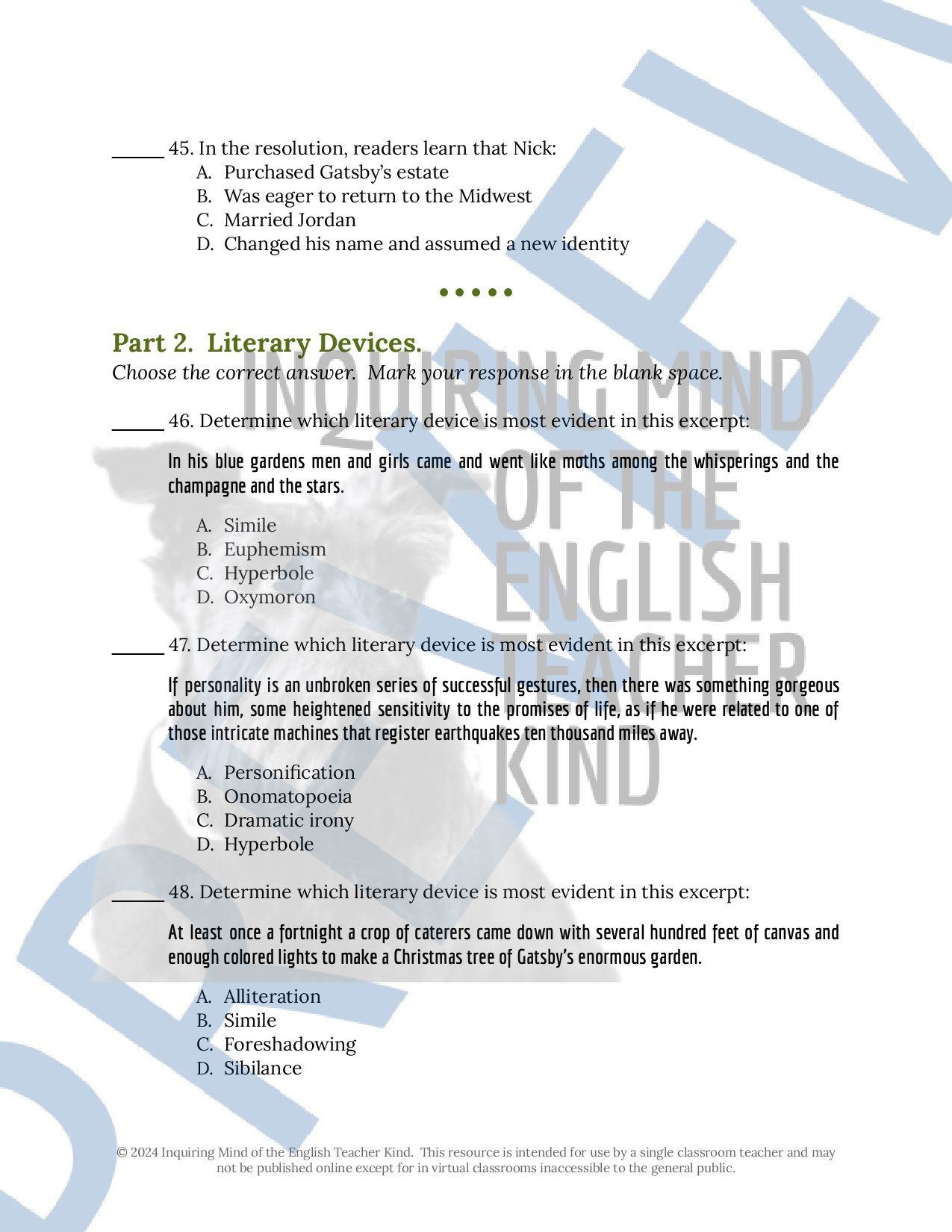 The Great Gatsby by F. Scott Fitzgerald Test, Answer Key, and Study Guide for High School
