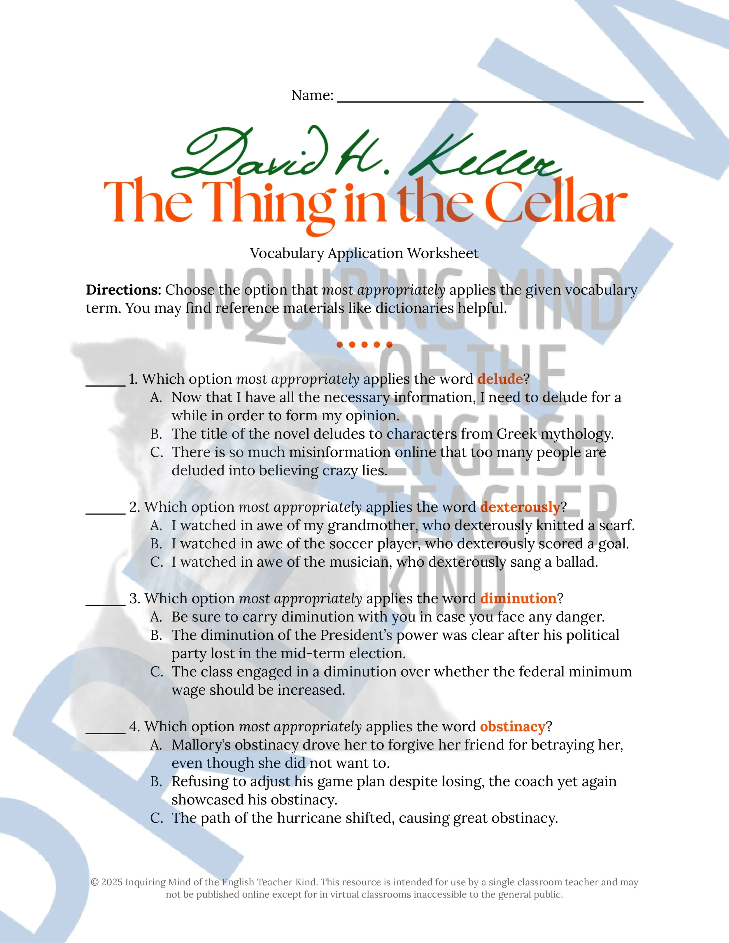 "Thing in the Cellar" by David H. Keller Quiz, Literary Analysis Worksheet, Vocabulary Games, and Horror Story for Halloween from Inquiring Mind of the English Teacher Kind